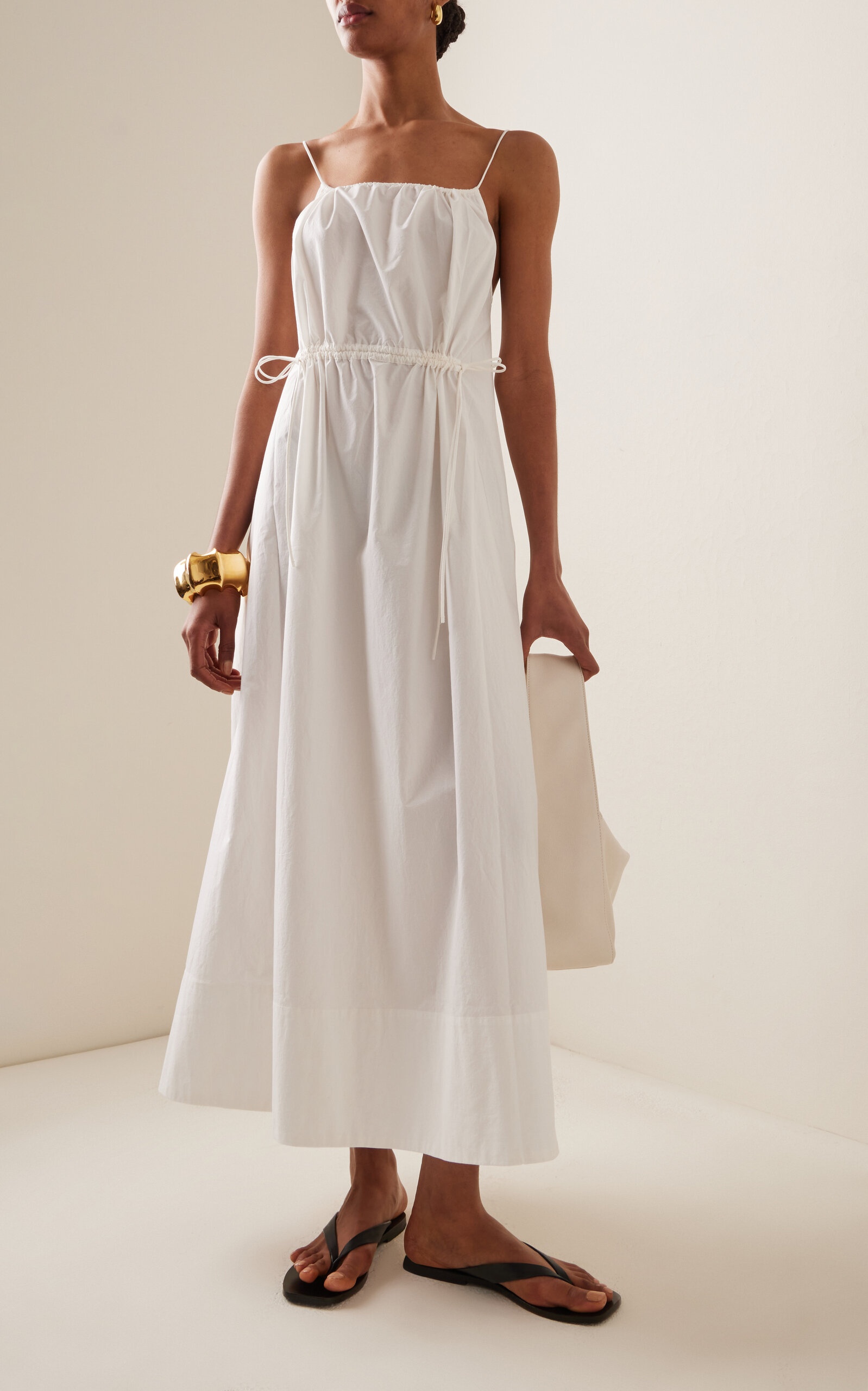 Drawstring-Detailed Cotton Maxi Dress white - 3