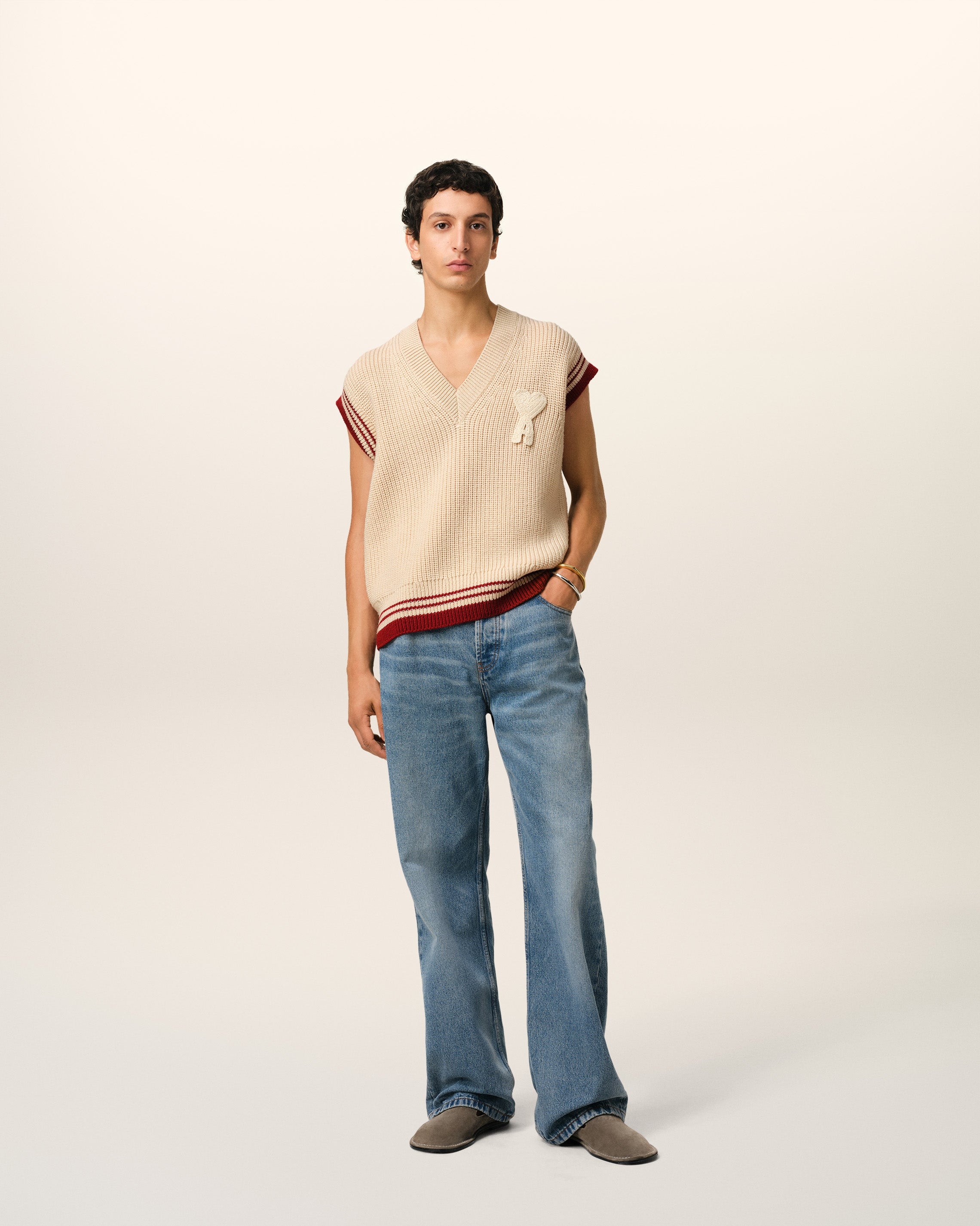 BEIGE WOOL RIBBED SLEEVELESS V NECK SWEATER - 2