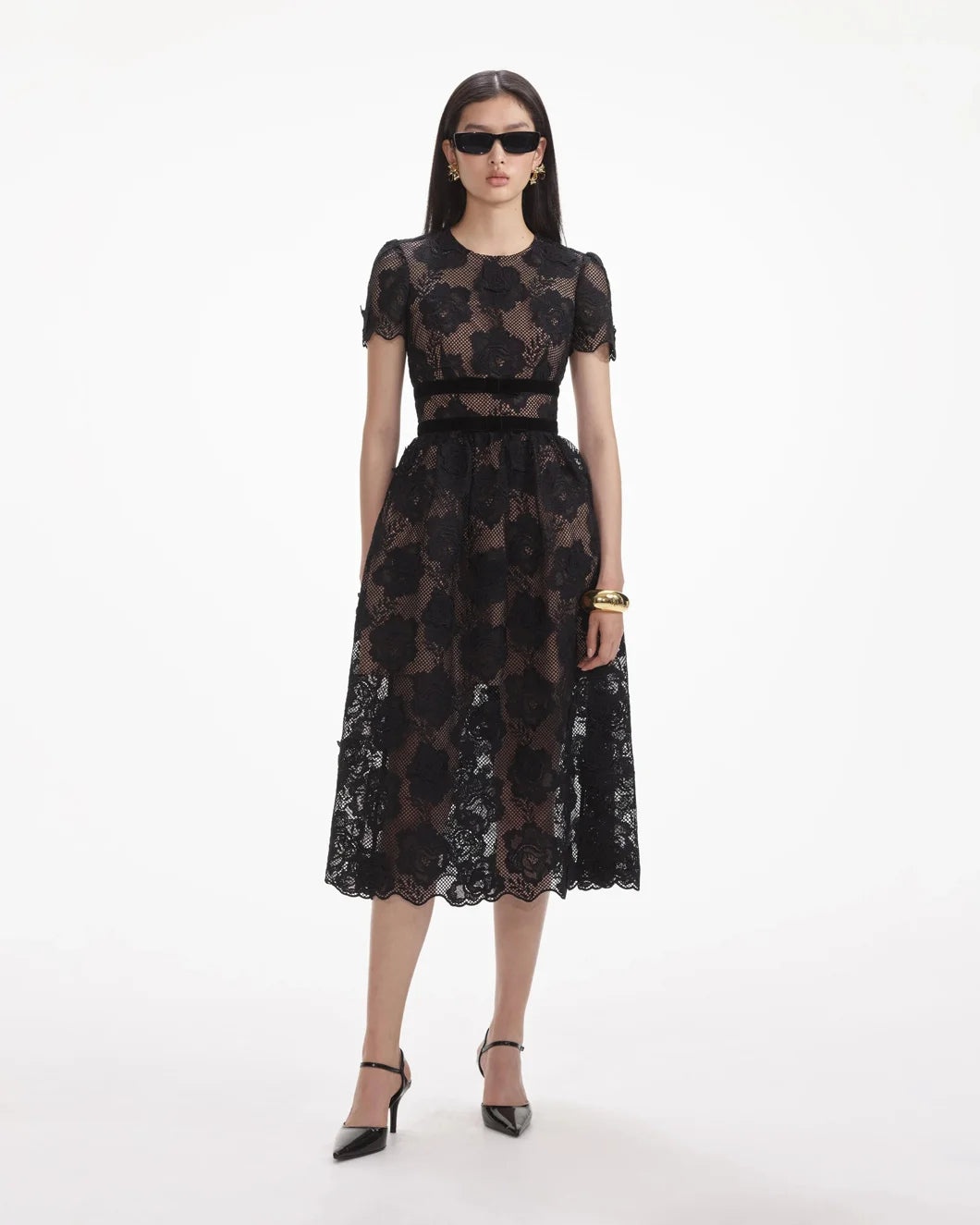 BLACK LACE VELVET BOW MIDI DRESS - 1