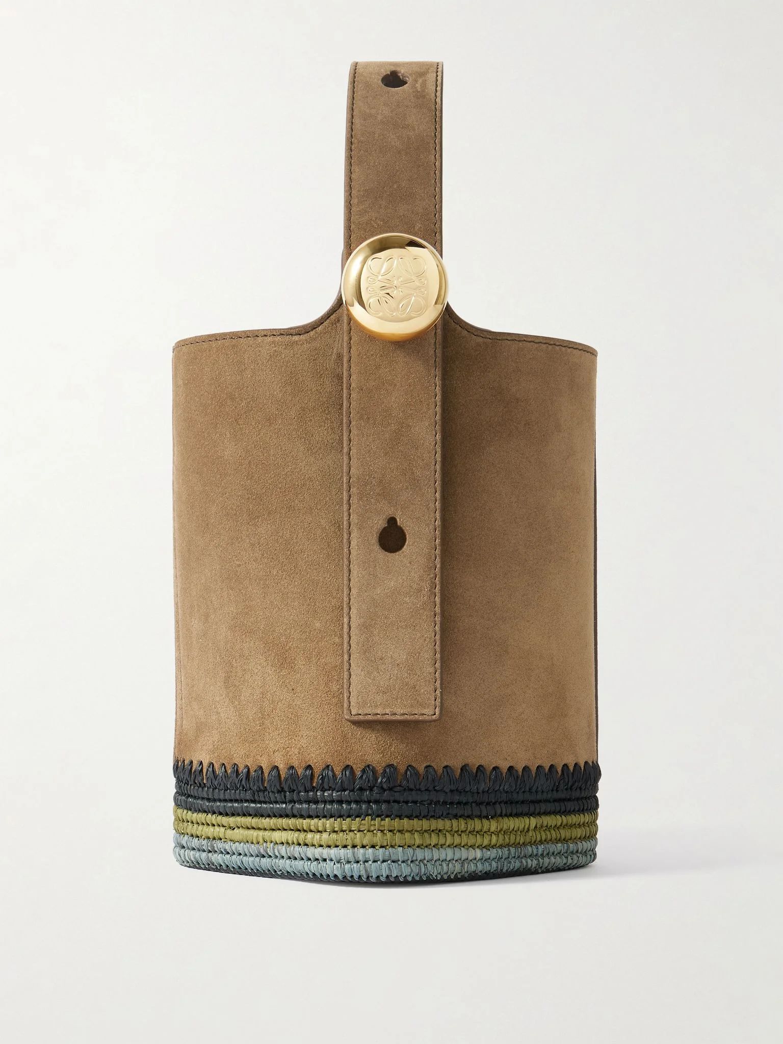 + Paula's Ibiza Pebble mini striped raffia-trimmed suede tote Brown - 1