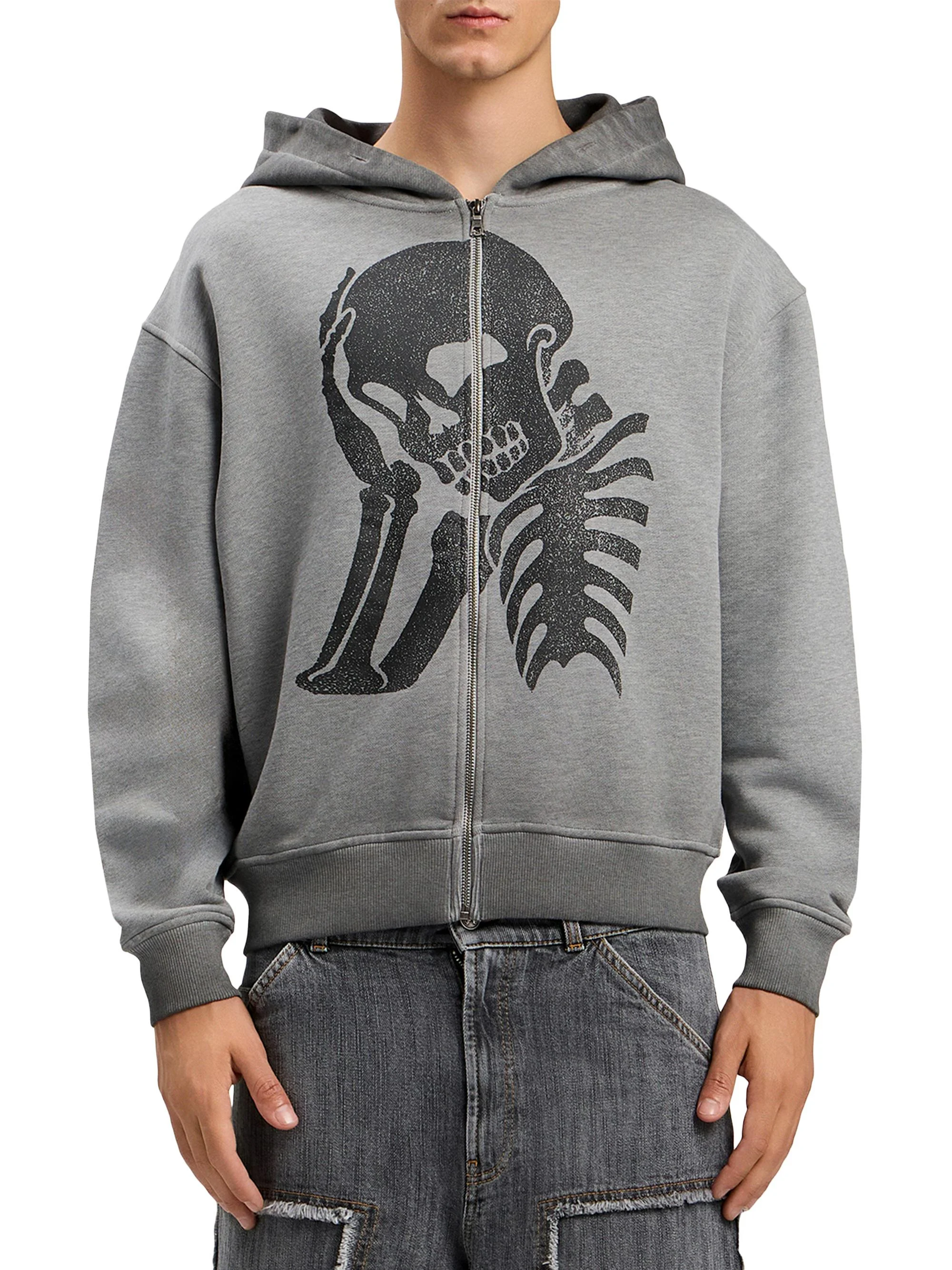 Men's Skull-Print Logo Zip-Front Hoodie - Melange Grey Black - 1