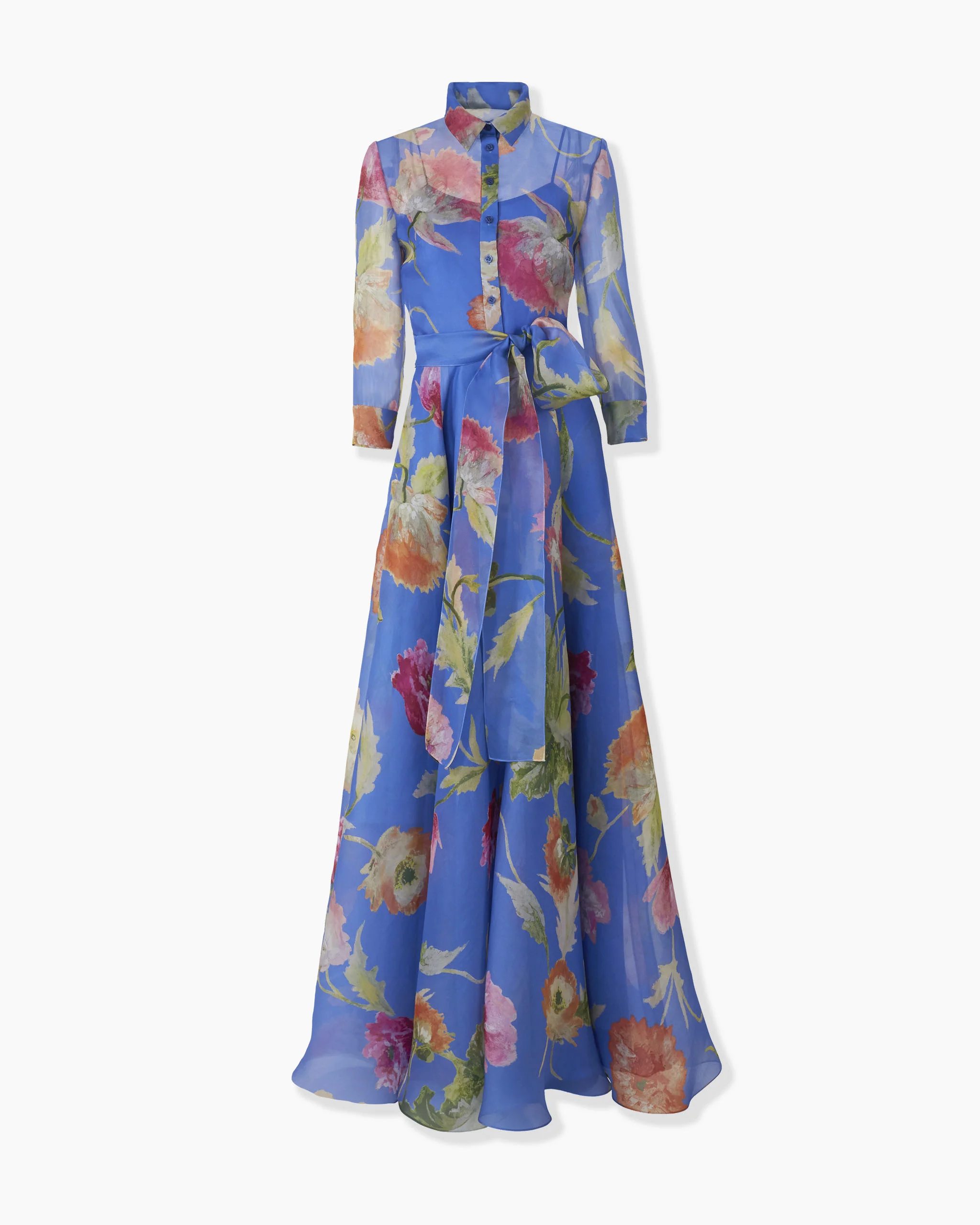 Poppy-Print Organza Trench Gown - 1