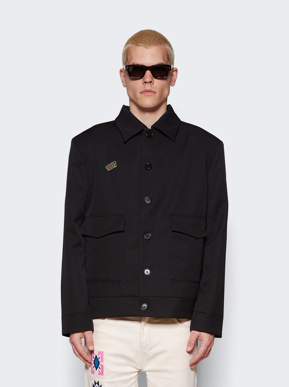 Structured Wool Jacket with Removable Retro Logo Pin Black - 3