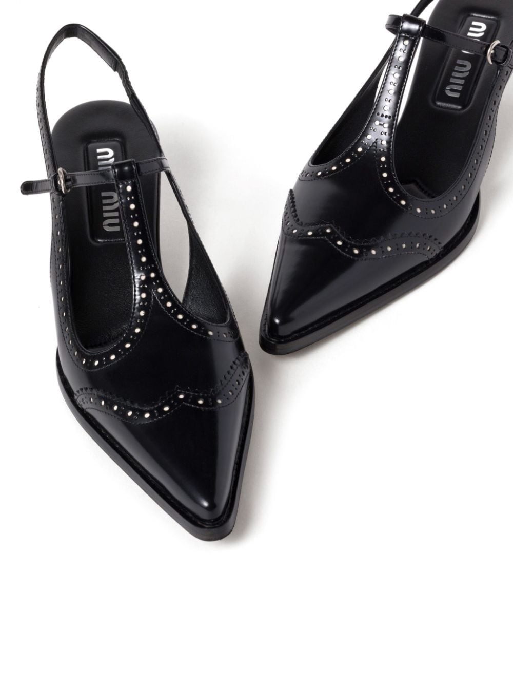 Brushed leather brogue slingback T-strap pumps - 4