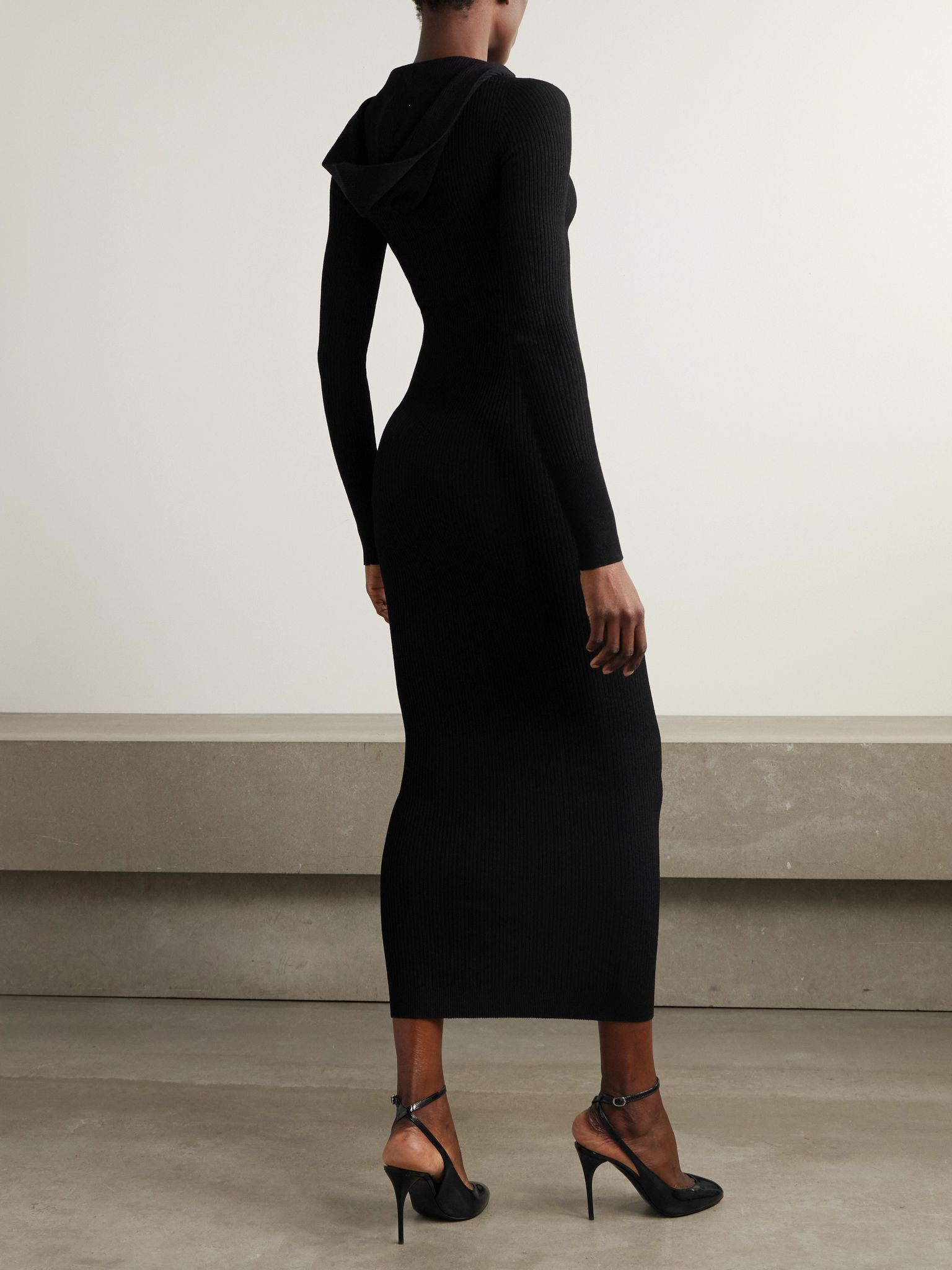 Hooded ribbed-knit midi dress Black - 3