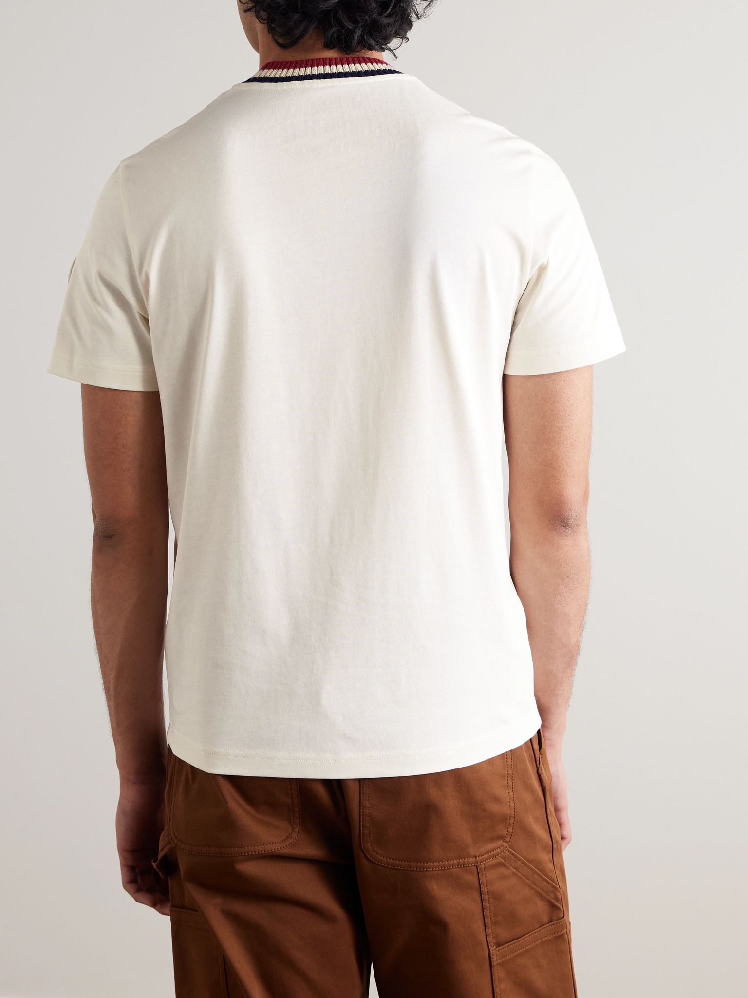 Striped Stretch-Knit Trimmed Logo-Appliquéd Cotton-Jersey T-Shirt Off-white - 4
