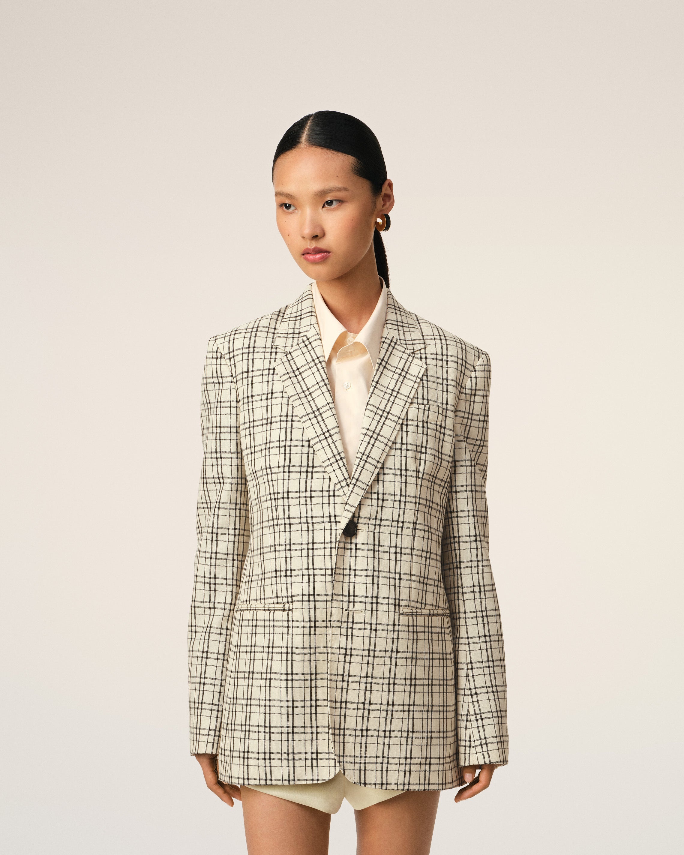 BEIGE CHECKED WOOL SEMI-LINED JACKET - 3