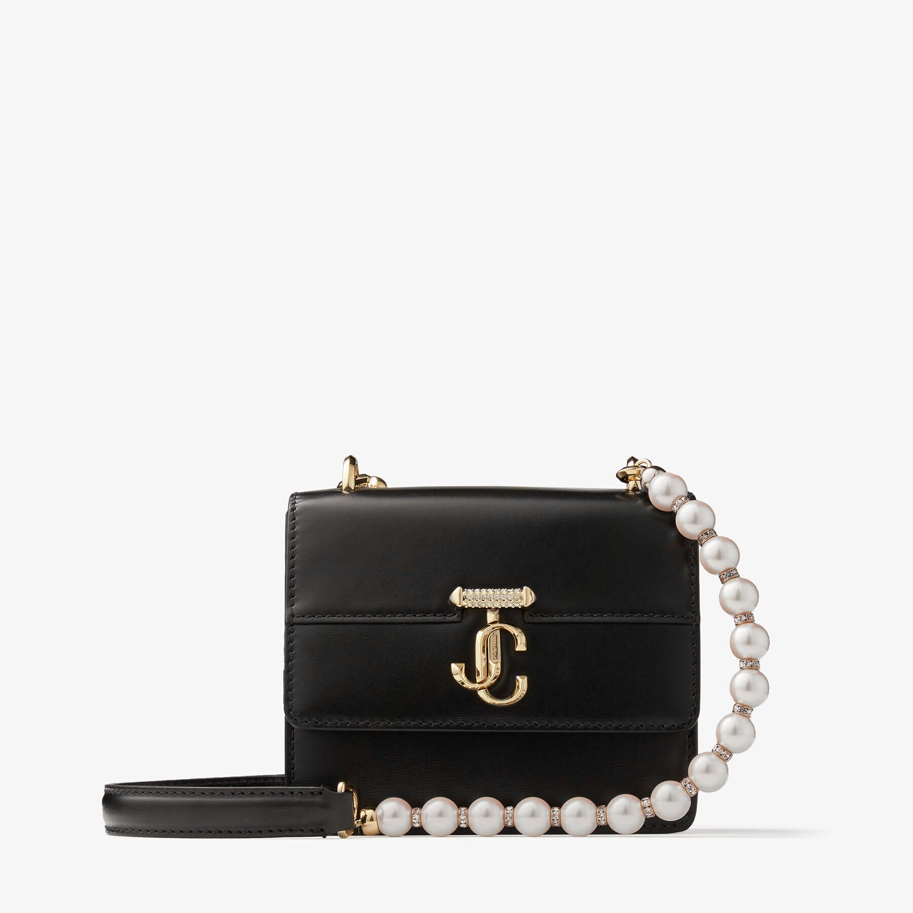 JIMMY CHOO Varenne Quad XS Black Leather Shoulder Bag with Pearl Strap