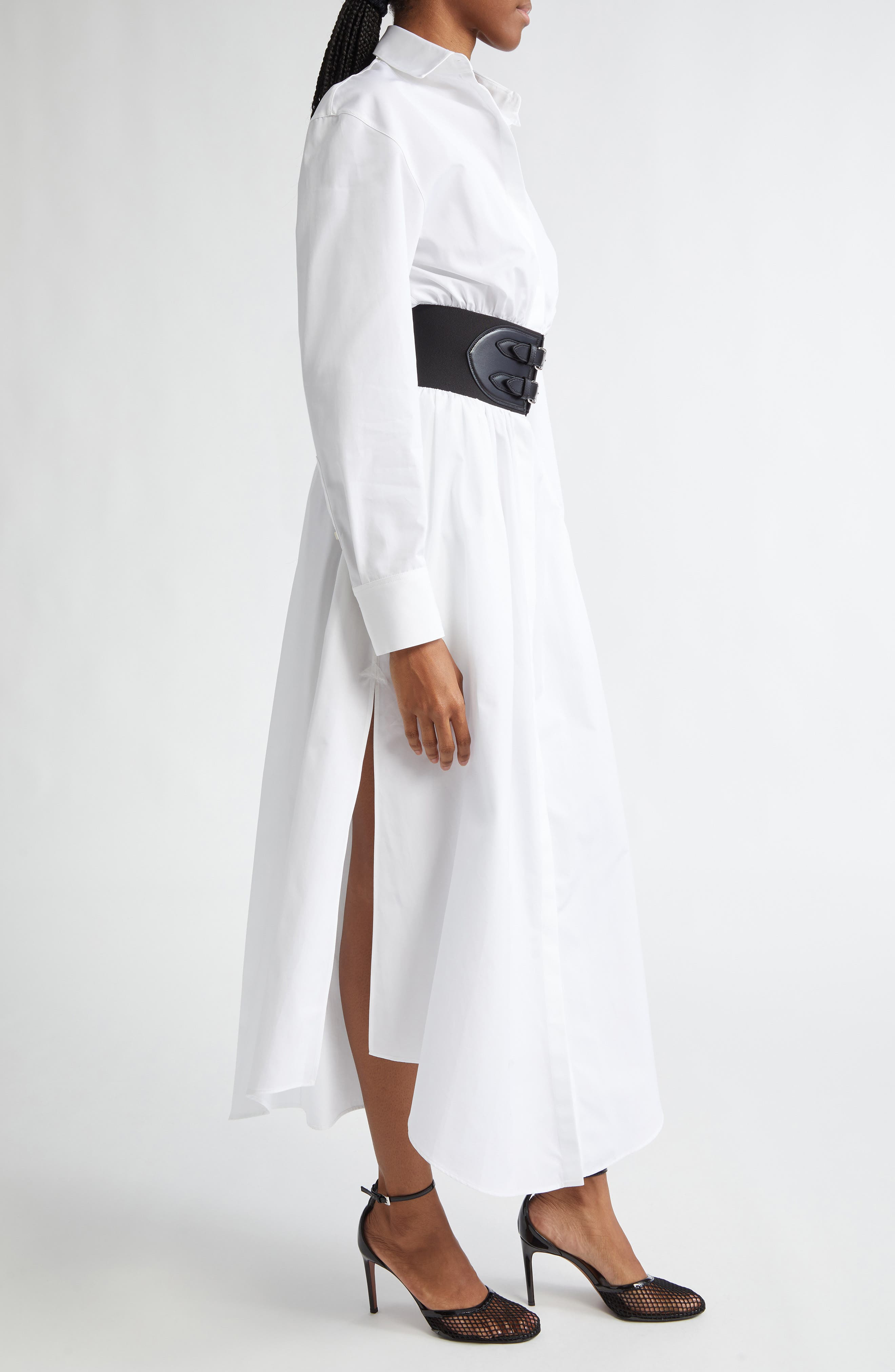 Alaïa Belted Long Sleeve Cotton Poplin Shirtdress in Blanc at Nordstrom - 3