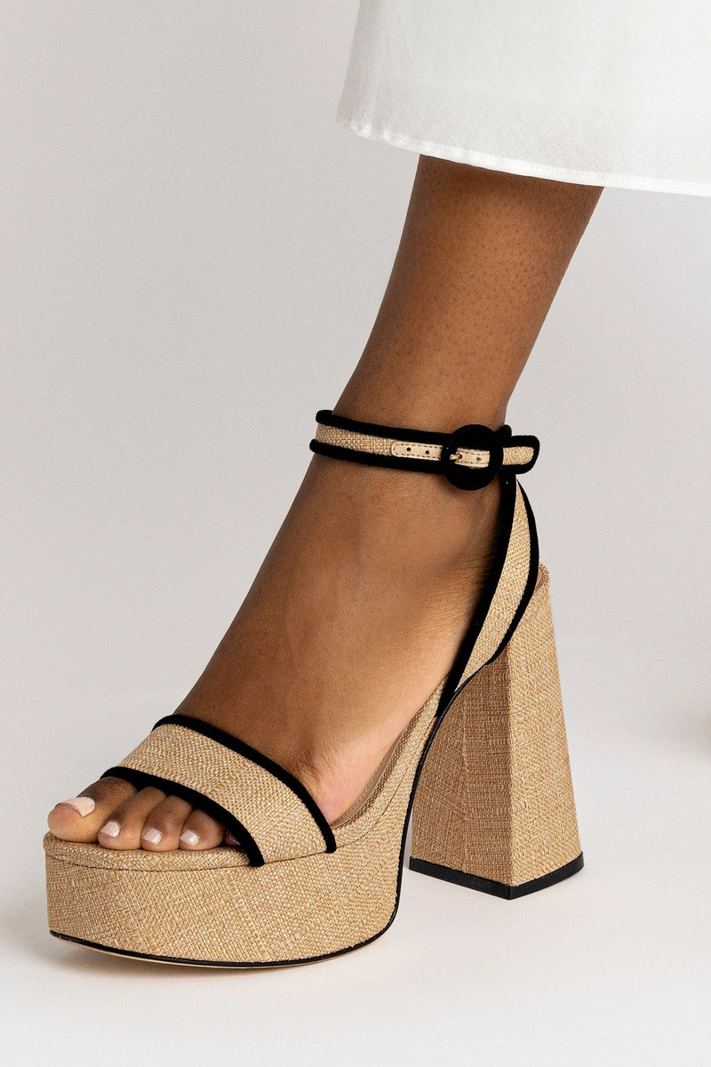 Dolly Sandal In Beige Raffia and Black Trimming 6