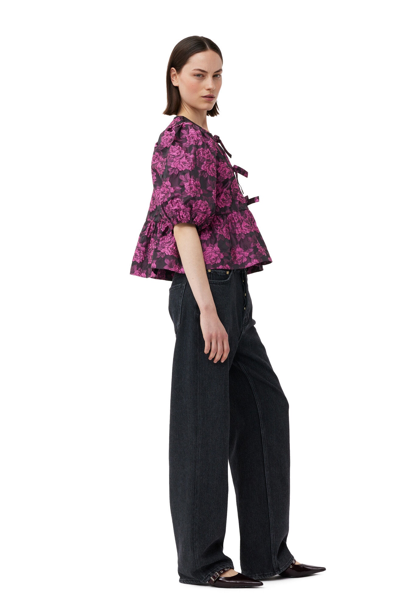 PINK BOTANICAL JACQUARD PEPLUM BLOUSE - 5