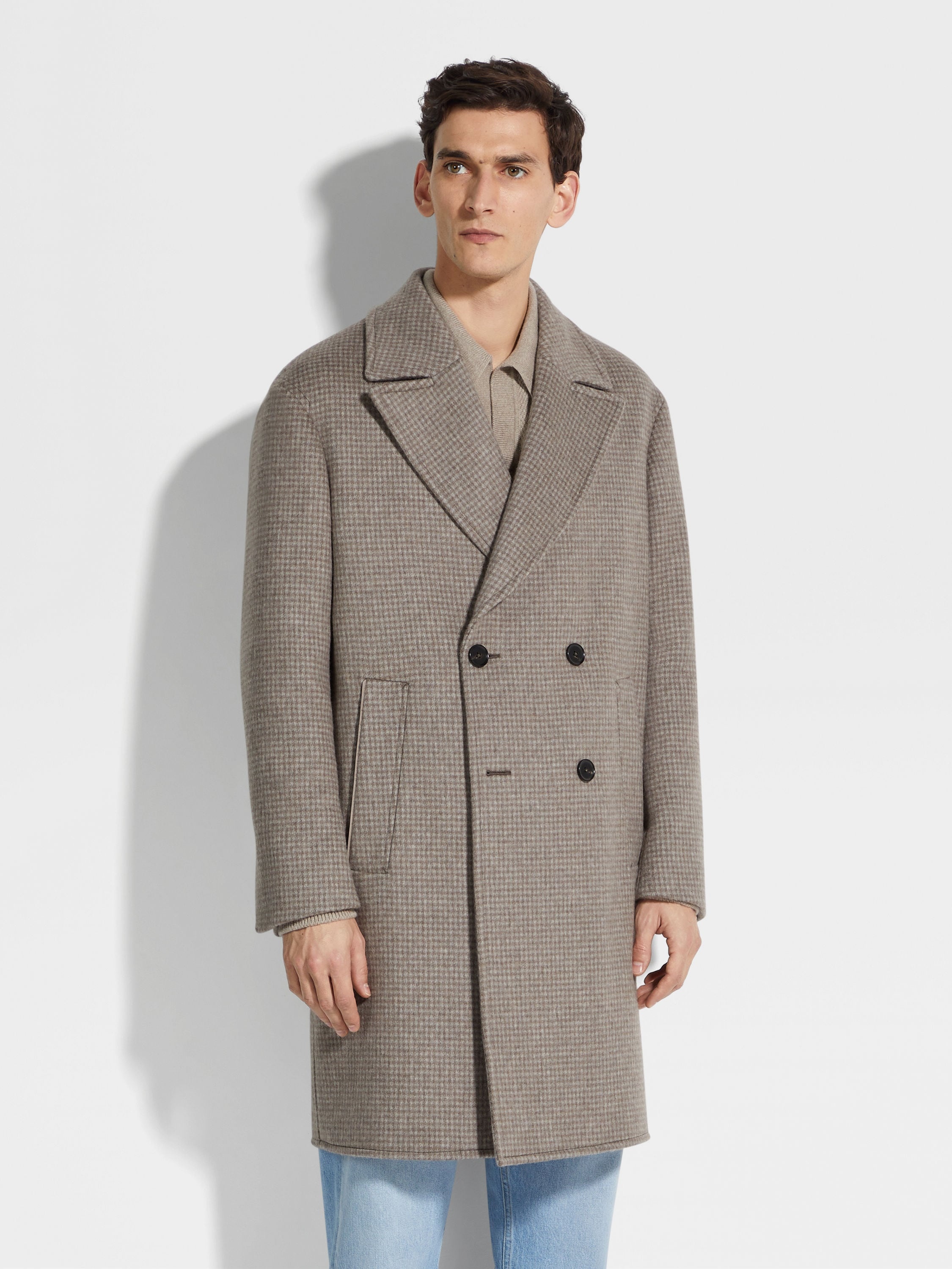 TAUPE AND GREY CASHMERE AND WOOL BLEND OVERCOAT - 4