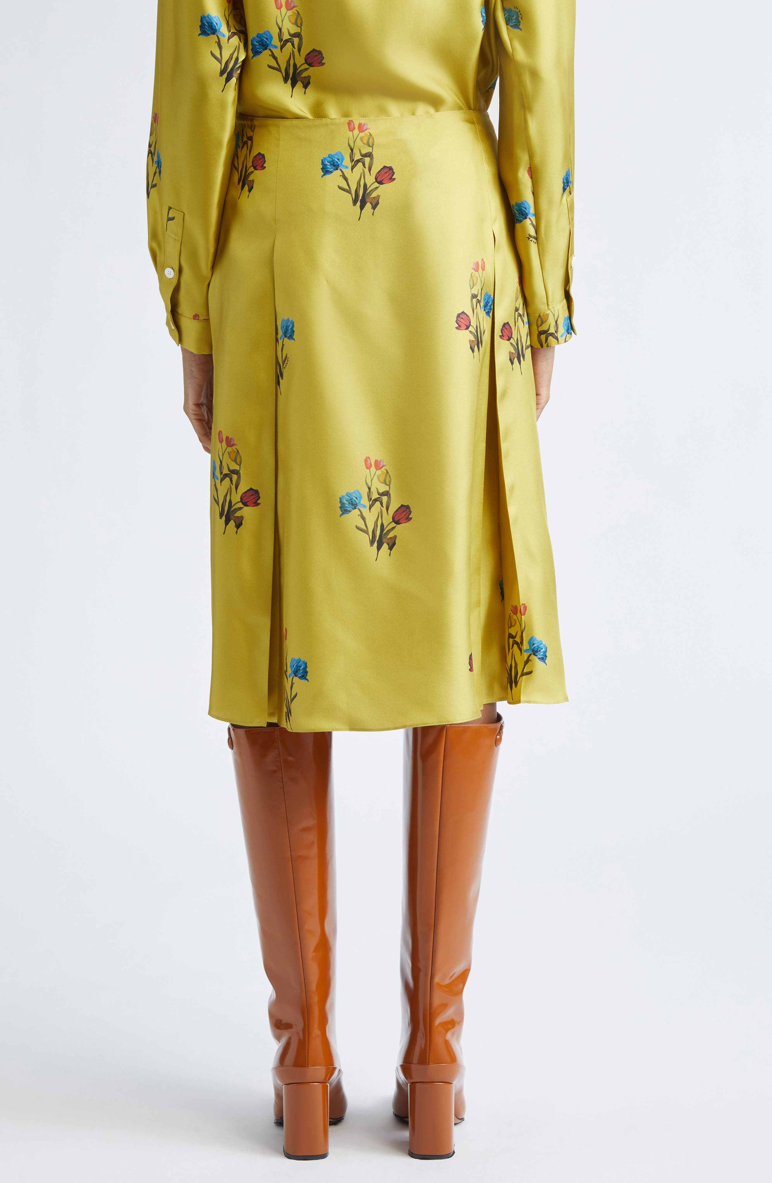 Marni Tulip Print Pleated Silk Twill Midi Skirt in Citronelle at Nordstrom - 3