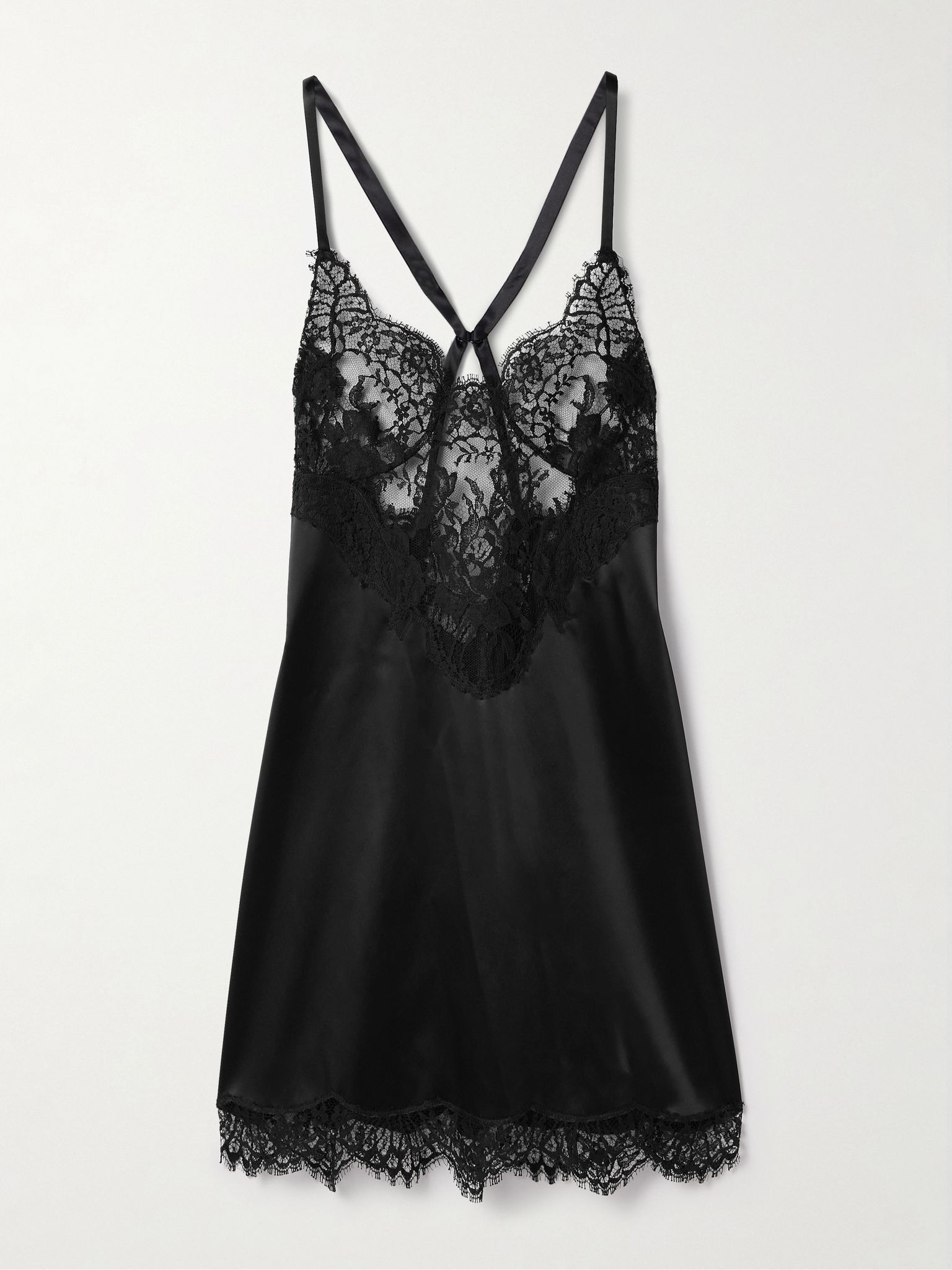 Lace-trimmed satin mini dress Black - 1