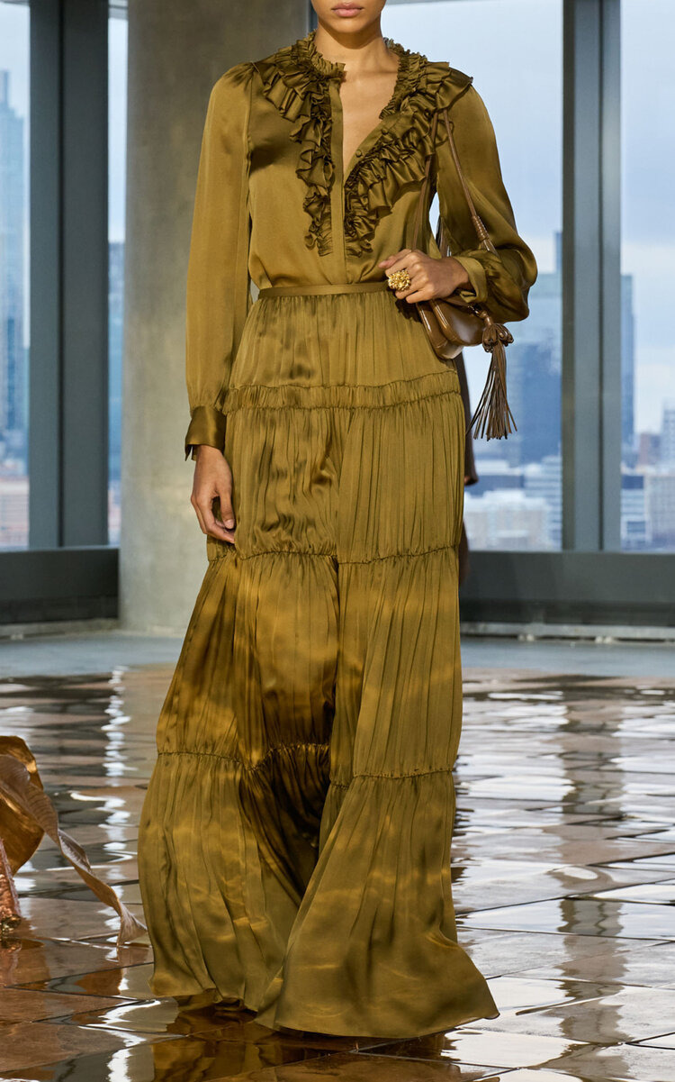 Gaelle Layered Silk Maxi Skirt olive - 2