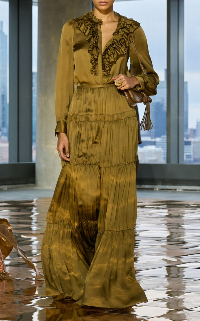 ULLA JOHNSON Gaelle Layered Silk Maxi Skirt olive outlook