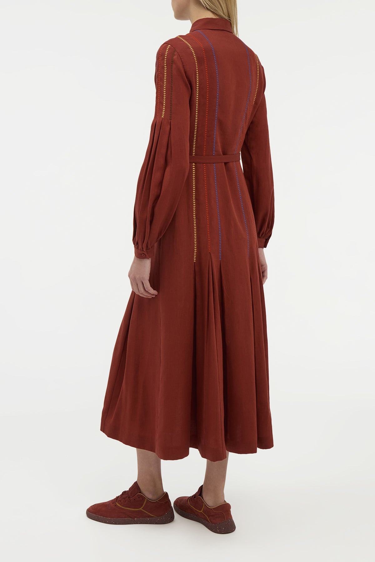 Aleka Pleated Midi Shirtdress in Burnt Sienna Multi Aloe Linen - 4