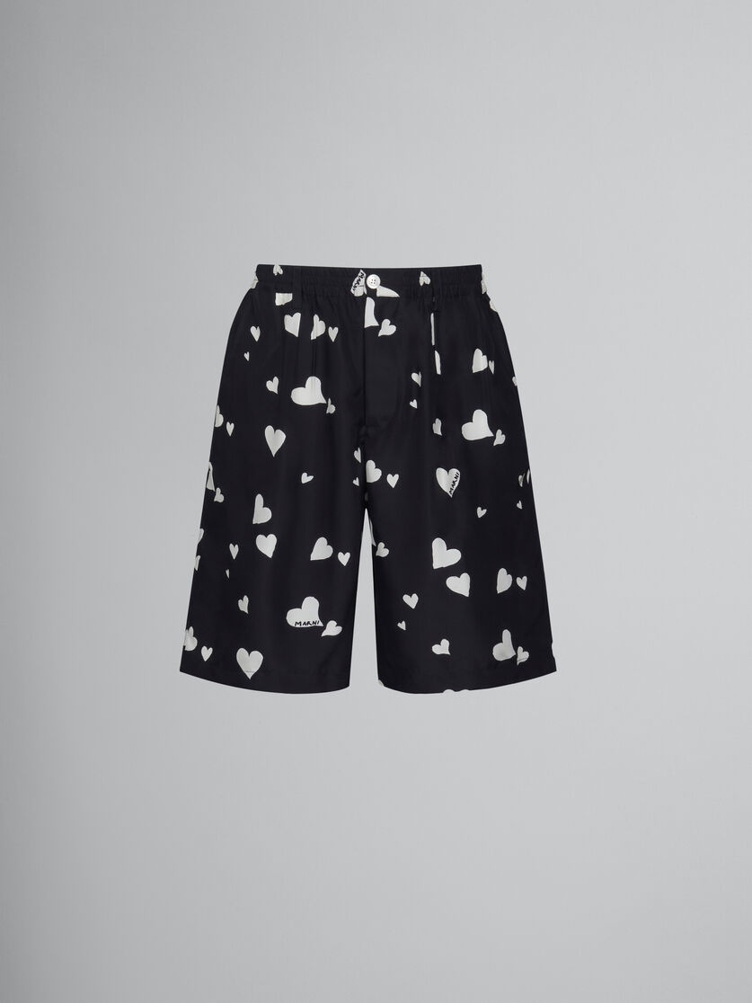BLACK SILK SHORTS WITH BUNCH OF HEARTS PRINT - 1