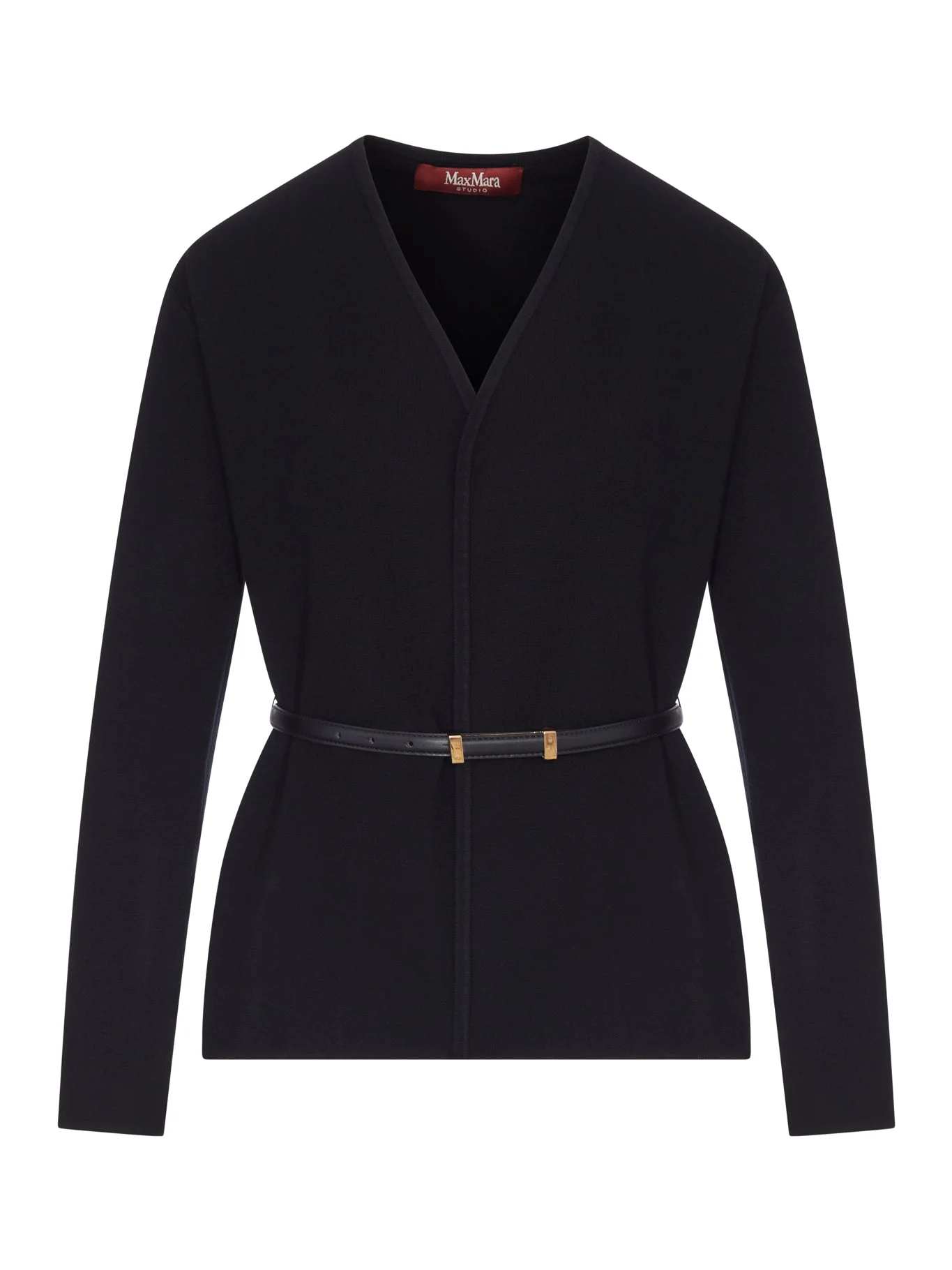 WOOL CARDIGAN WITH LEATHER PROFILES AND BELT - 1