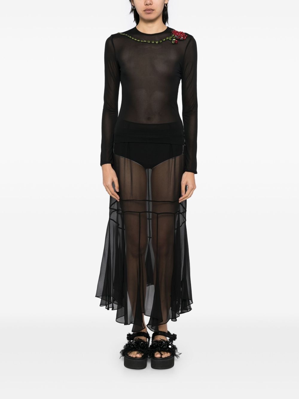 carnation-embellished mesh top - 2