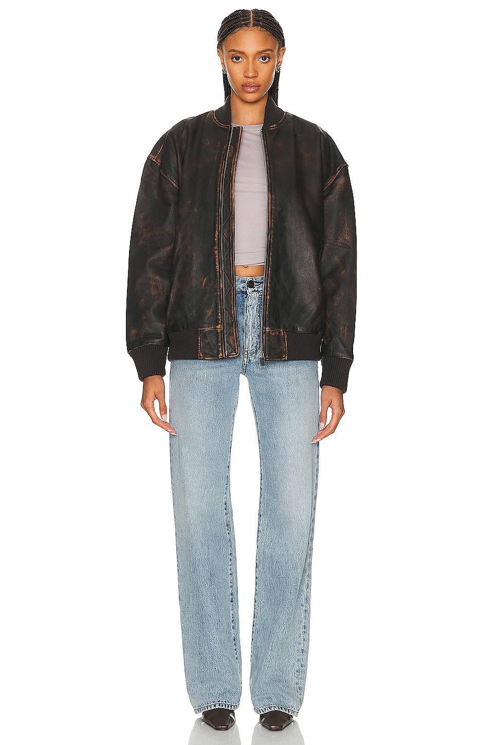 Distressed Leather Oversized Bomber - 5
