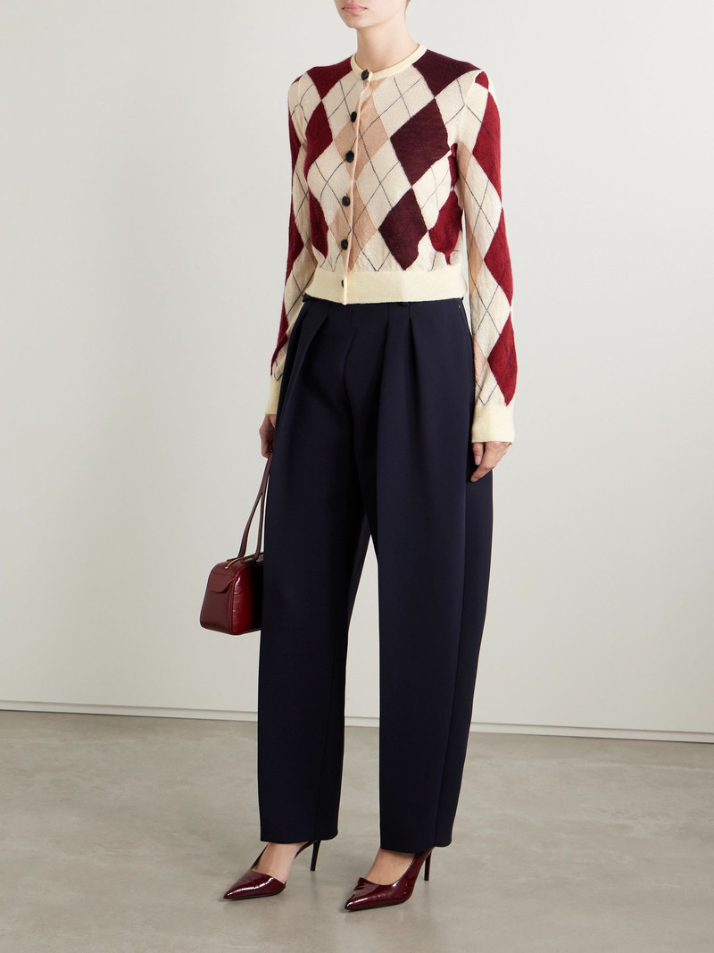 KHAITE Charli calf hair-trimmed argyle cashmere and mohair-blend cardigan Cream outlook