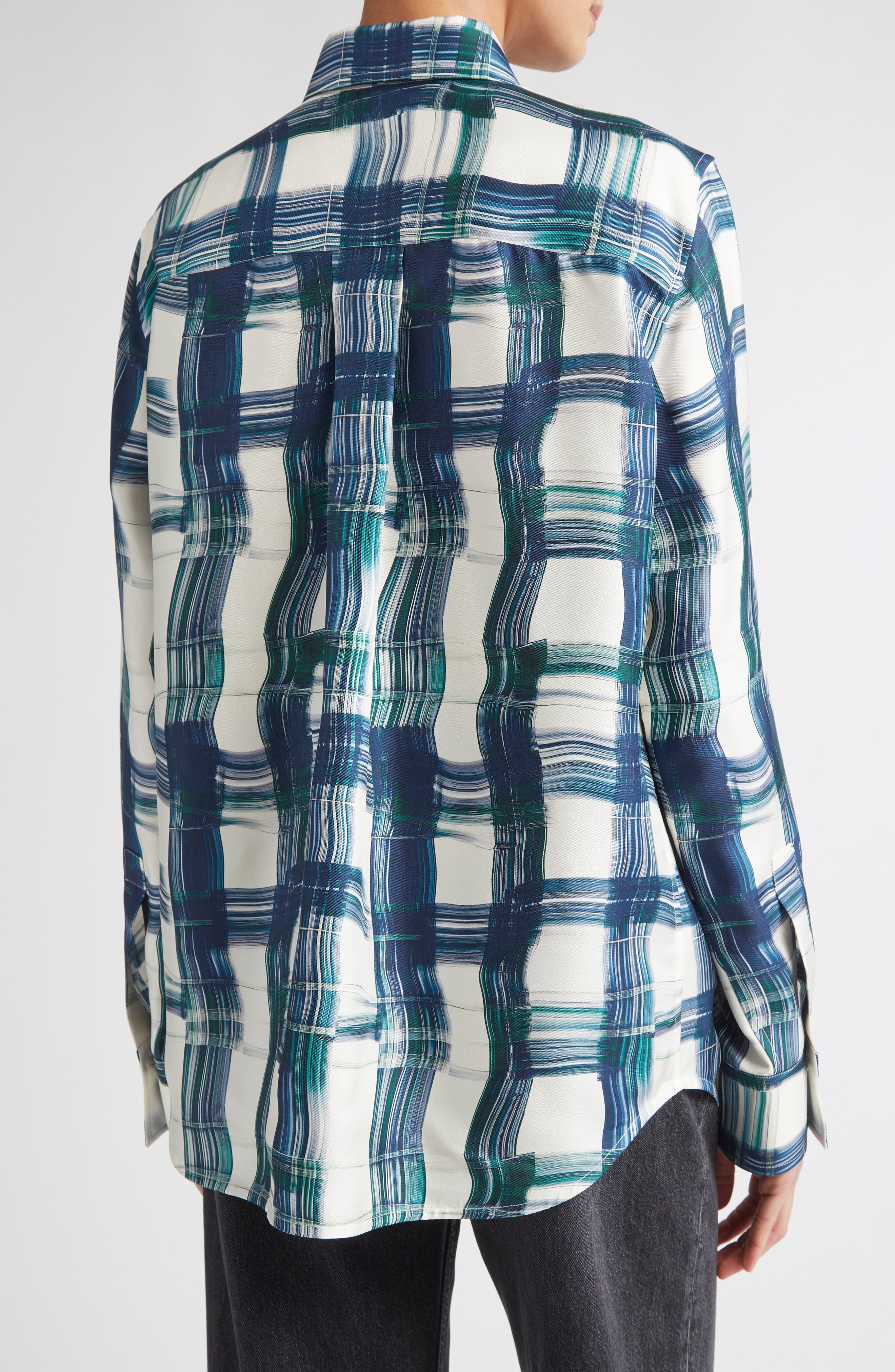 FERRAGAMO Brushstroke Print Silk Button-Up Shirt in New Navy/Moss at Nordstrom - 2