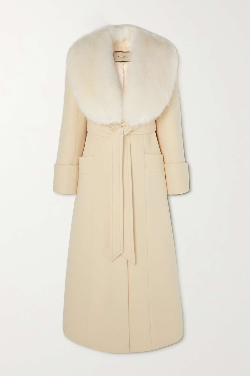 Cosmogonie belted faux fur-trimmed wool-blend coat - 1