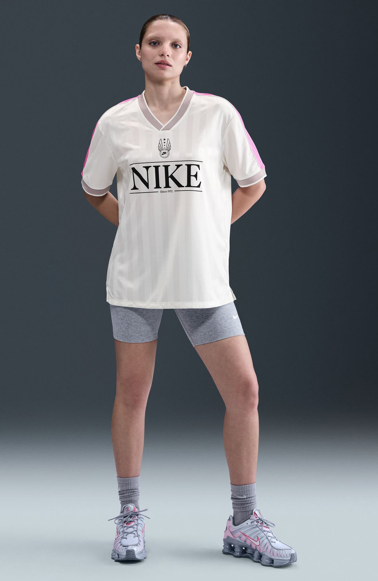 Nike Sportswear V-Neck Graphic Jersey in Sail/Pink/Grey/Black at Nordstrom - 5