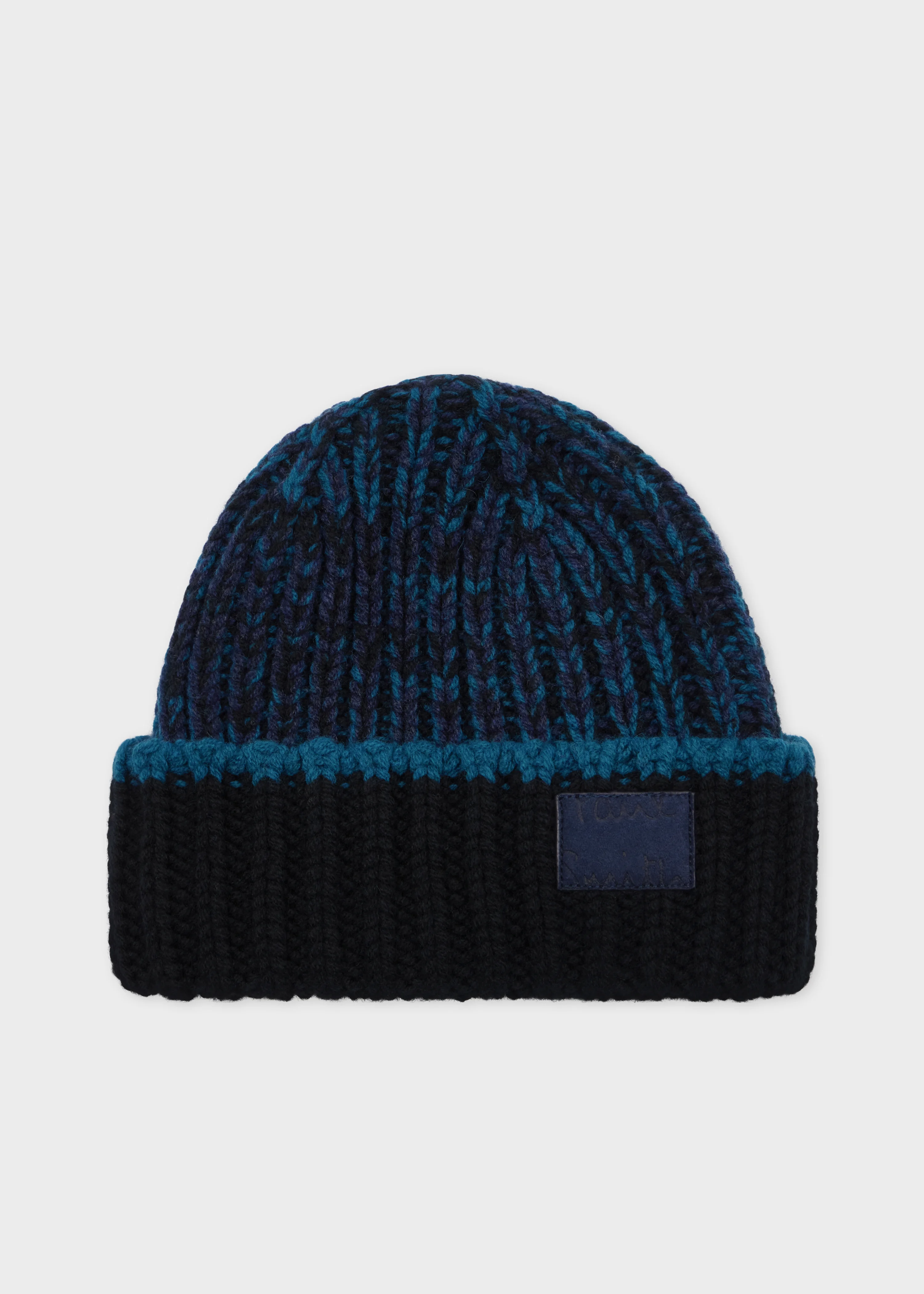 Lambswool Blue and Black Chunky Rib Beanie - 1