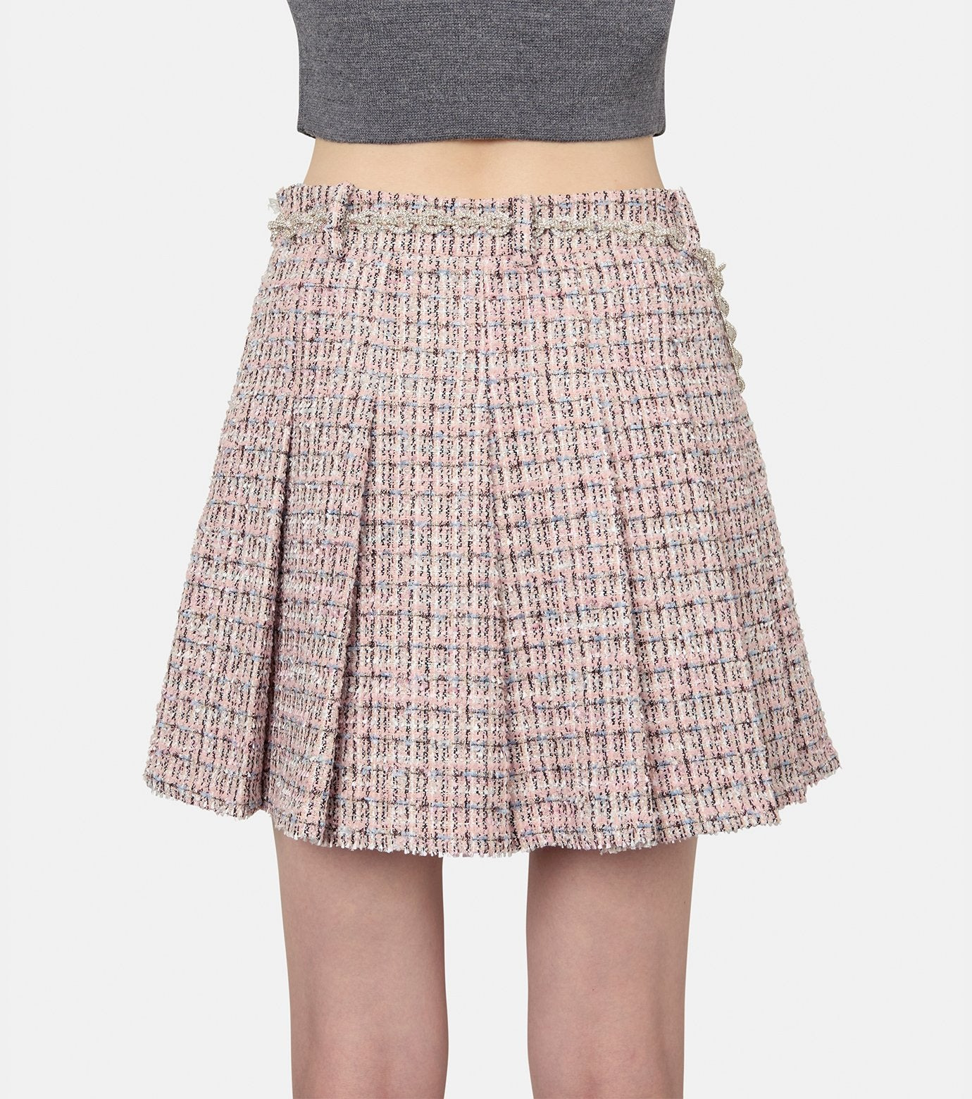 Pink Boucle Crystal Belt Mini Skirt - 3