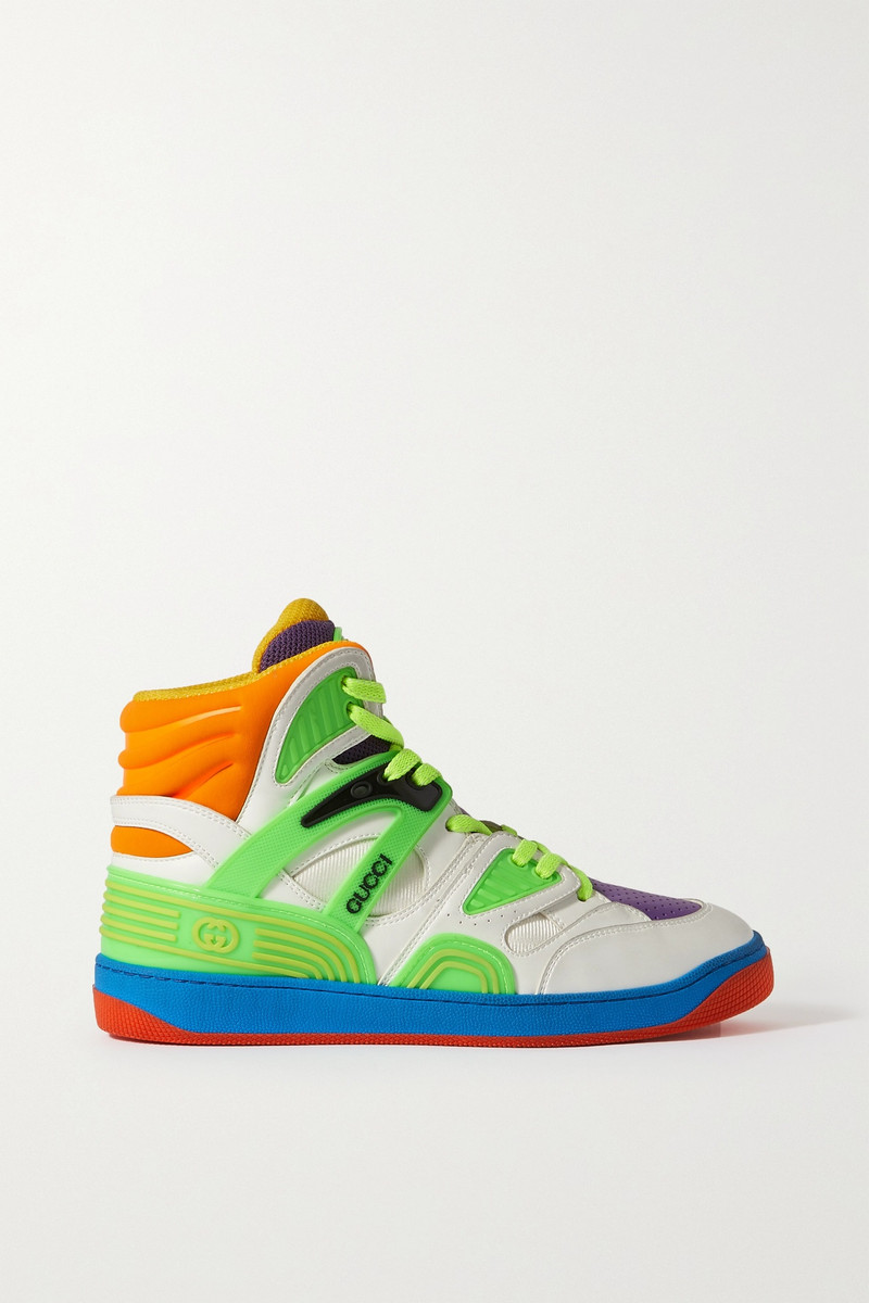 Basket rubber-trimmed faux leather and mesh high-top sneakers - 1