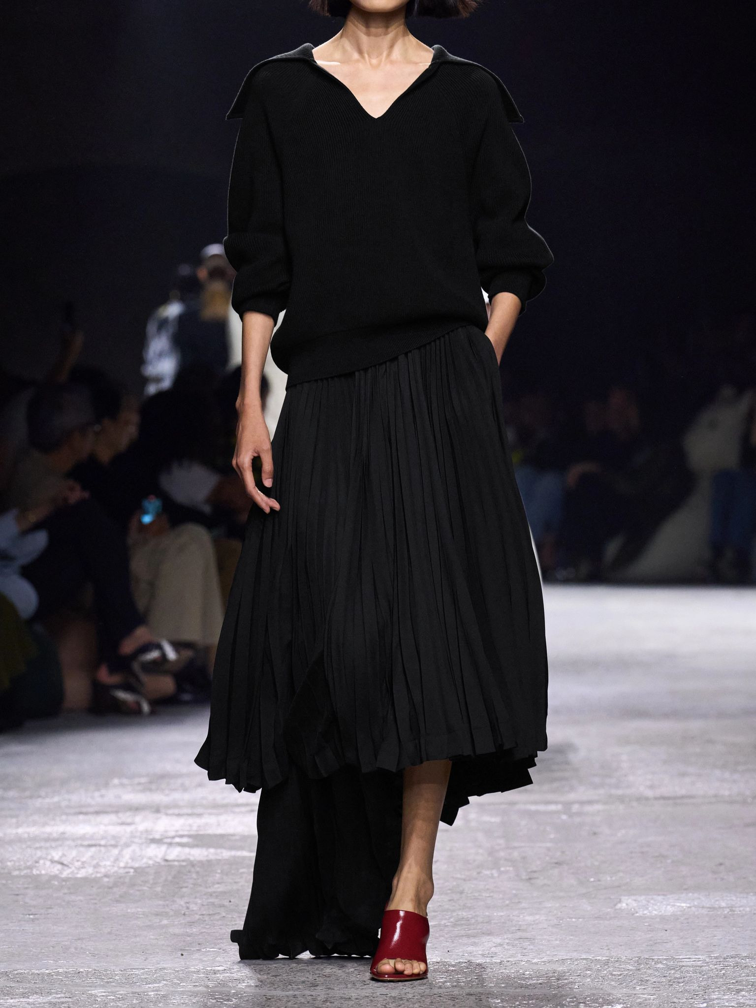 Layered pleated twill midi skirt Black - 5