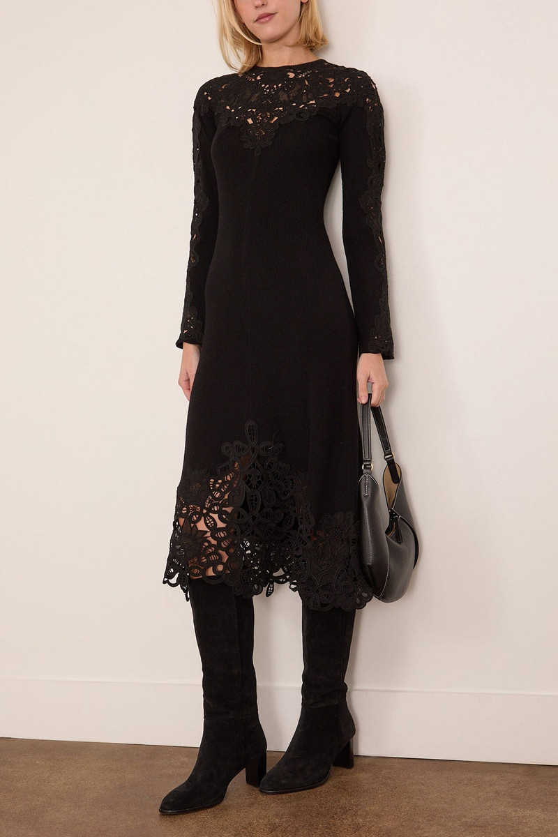 Sea Adelina Battenberg Lace Long Sleeve Knit Midi Dress in Black outlook