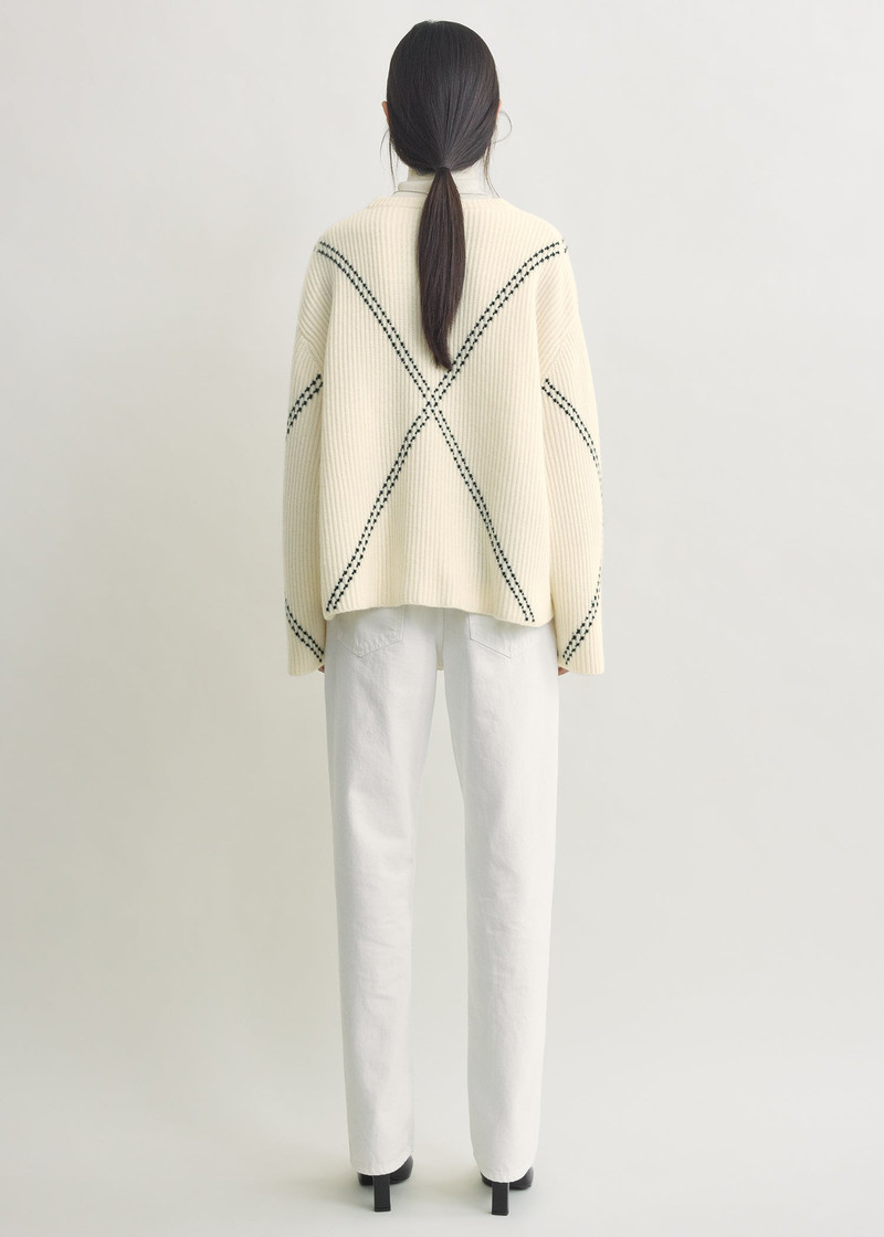 Argyle-stitch cashmere sweater ecru/black 4