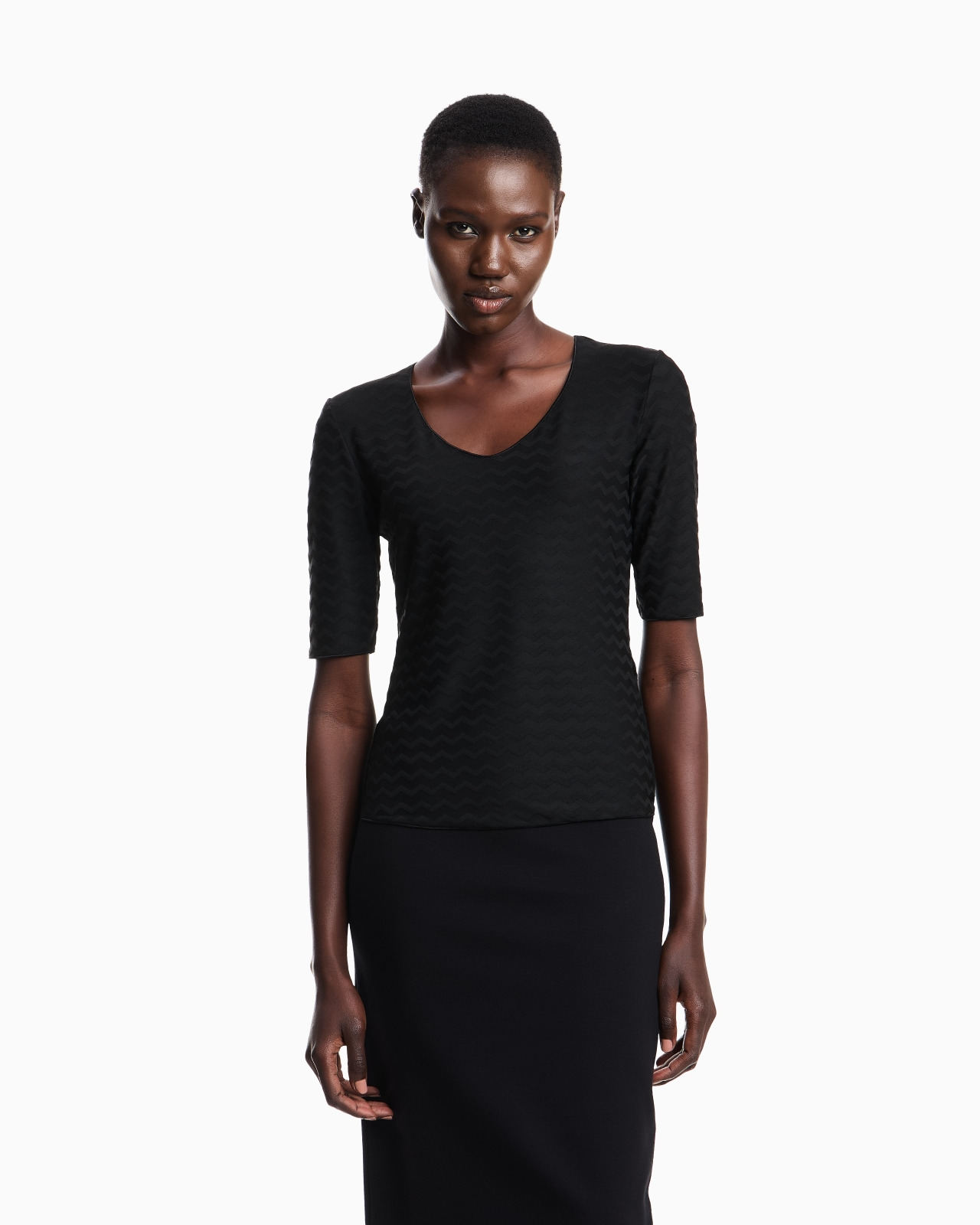 Two-way stretch jacquard jersey V-neck jumper with three-quarter length sleeves - 4