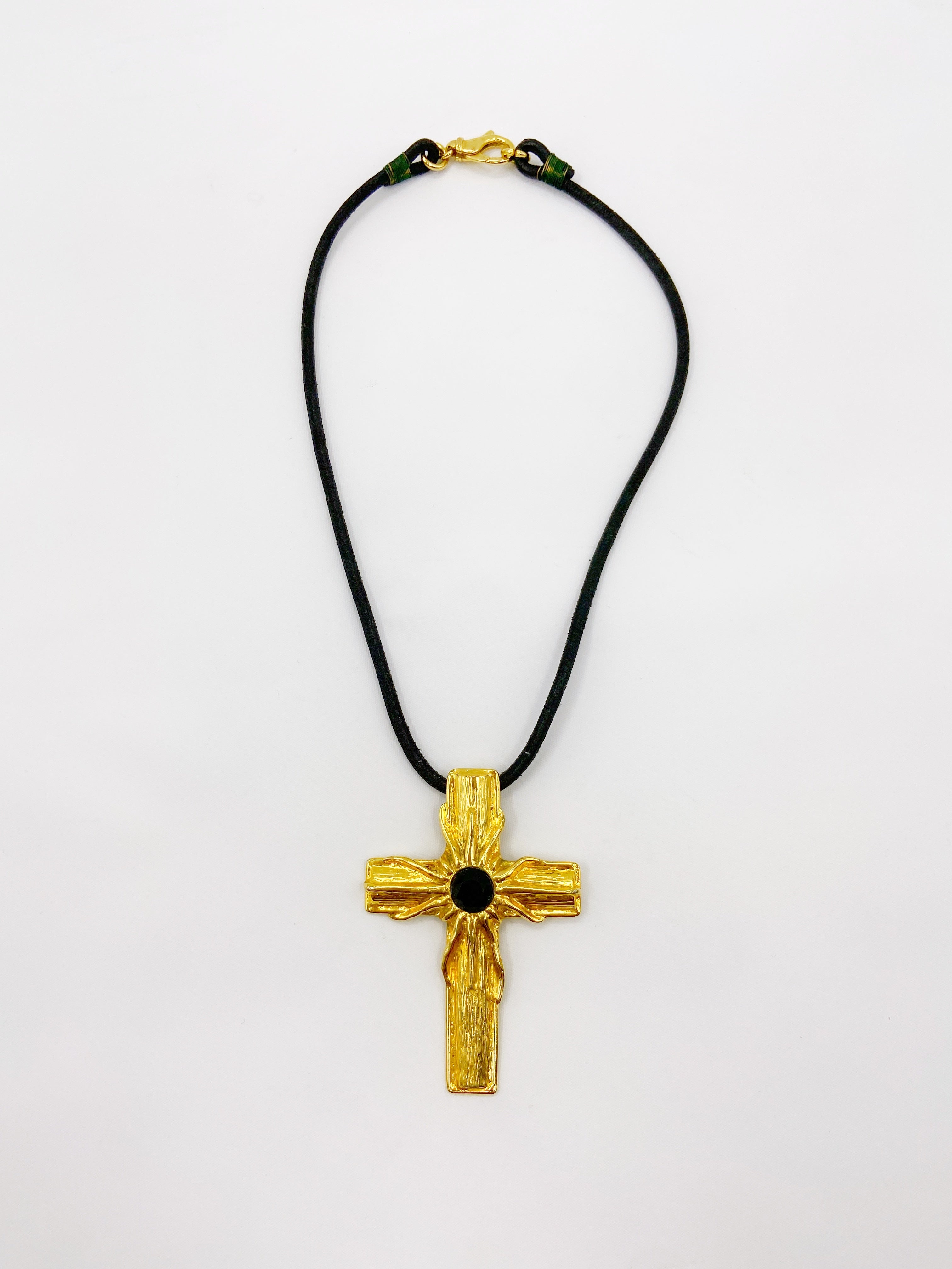 Gianni Versace Sping 1993 Statement Black Gem Giant Gold Cross Necklace with Leather Strap - 9