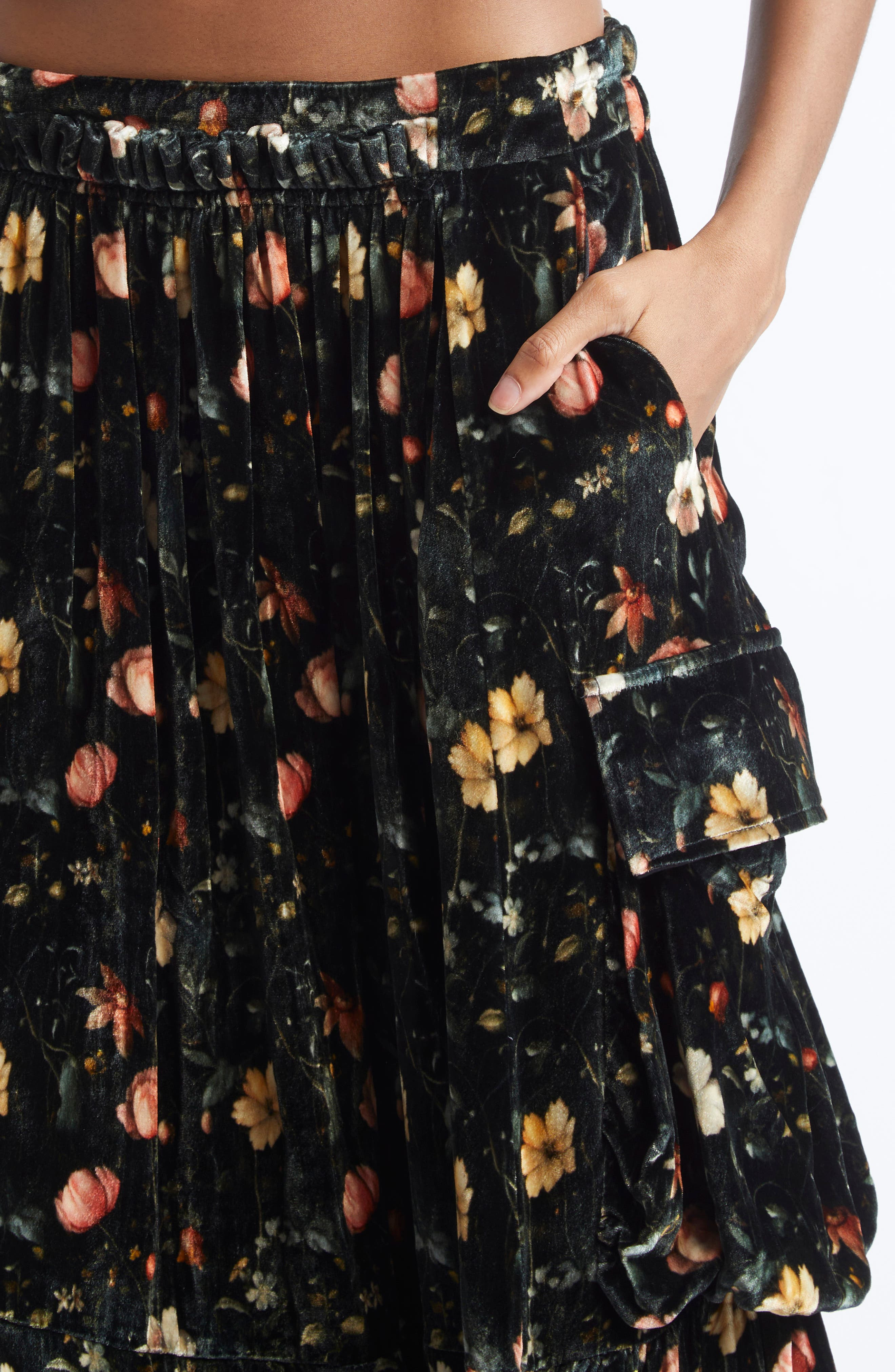 R13 Gathered Floral Velvet Cargo Midi Skirt in Multifloral Black at Nordstrom - 4
