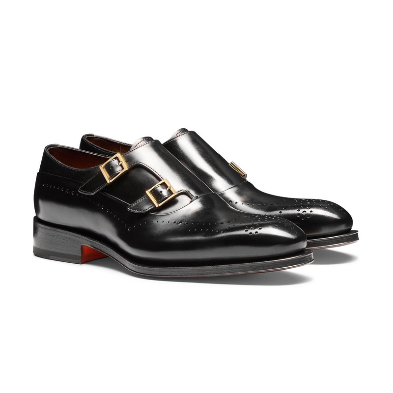 Santoni Men's black leather double-buckle brogue shoe outlook