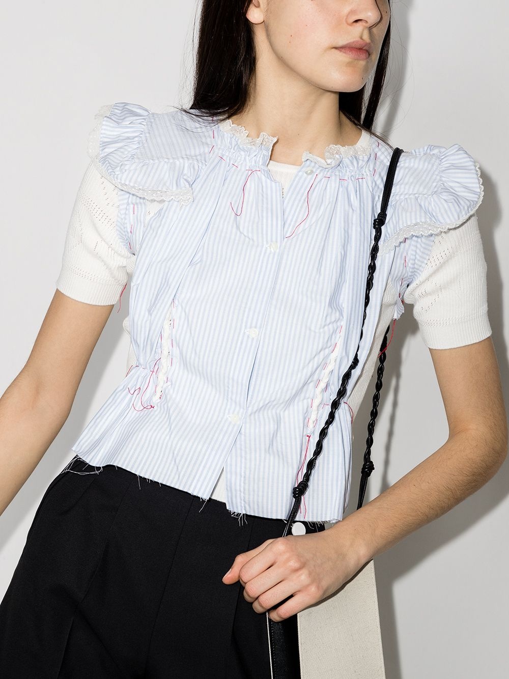 pinstriped ruffled short-sleeve panelled blouse - 2