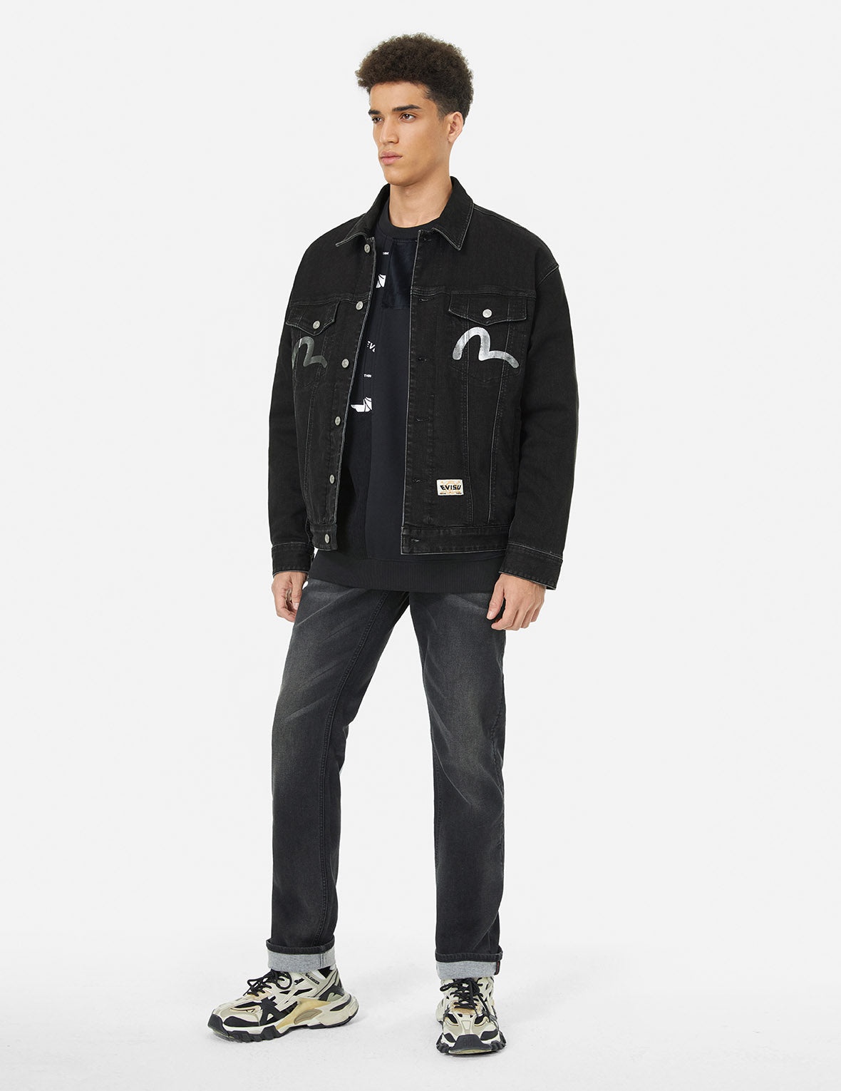 Graffiti-Style Daicock Print Loose Fit Denim Jacket - 4