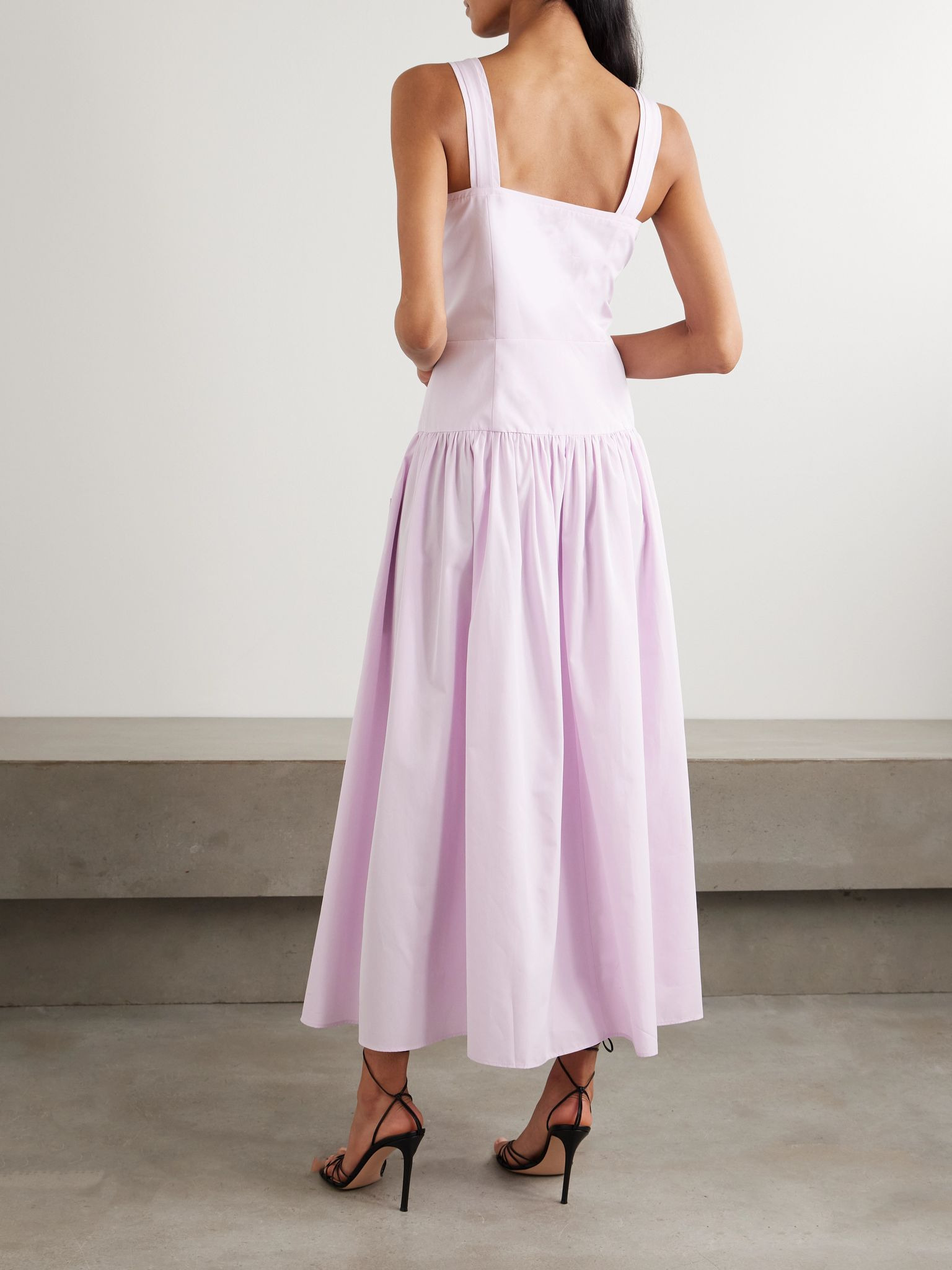 Bow-detailed velvet-trimmed gathered cotton-poplin midi dress Pink - 3