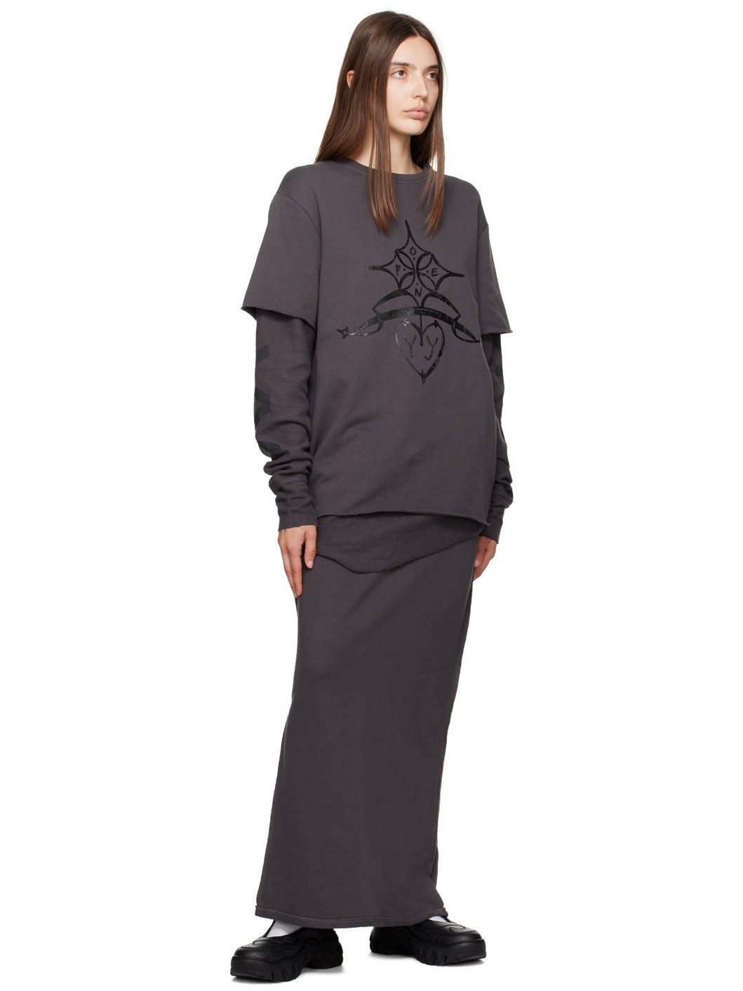 【OPEN YY】STRAP-LAYERED MAXI SKIRT, GRAY Gray Layered Maxi Skirt by OPEN YY on Sale