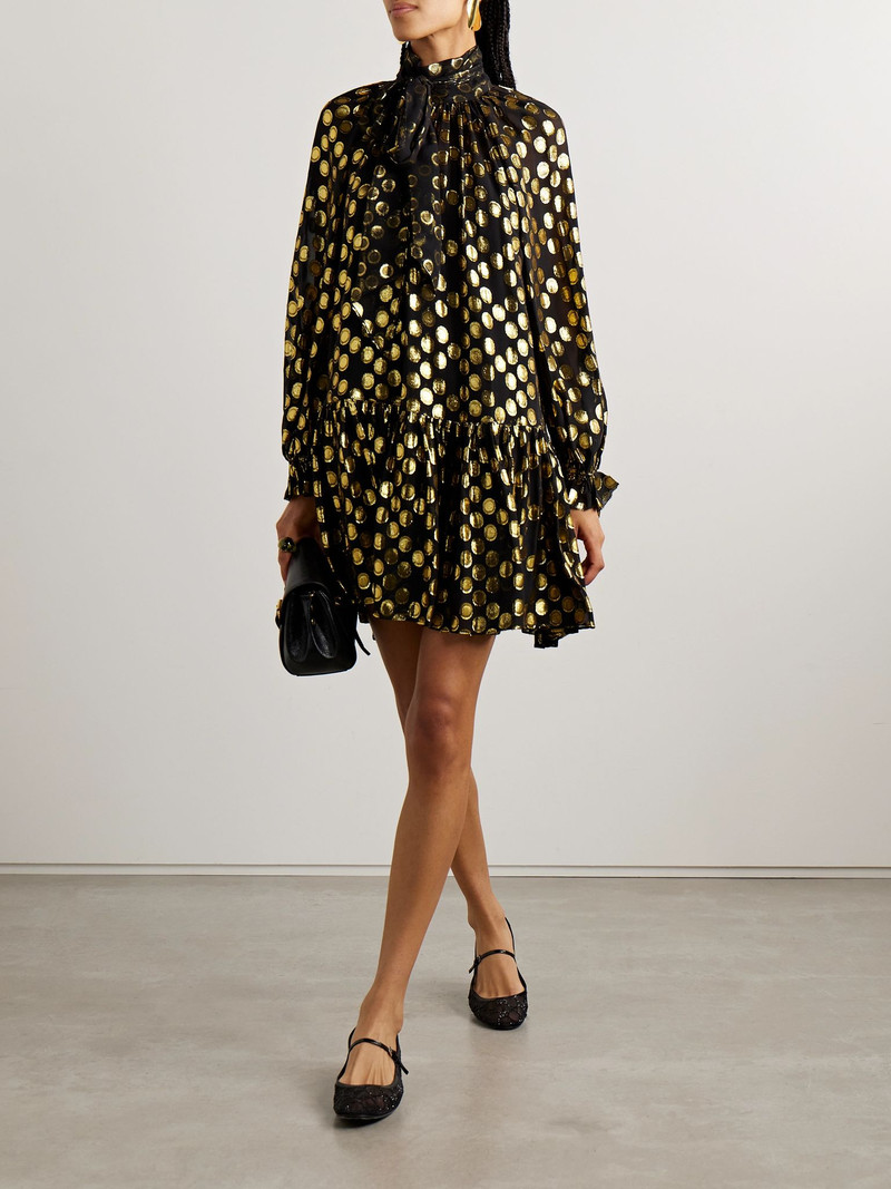 ULLA JOHNSON Loretta tie-detailed metallic fil coupé silk-blend crepe de chine mini dress Black outlook