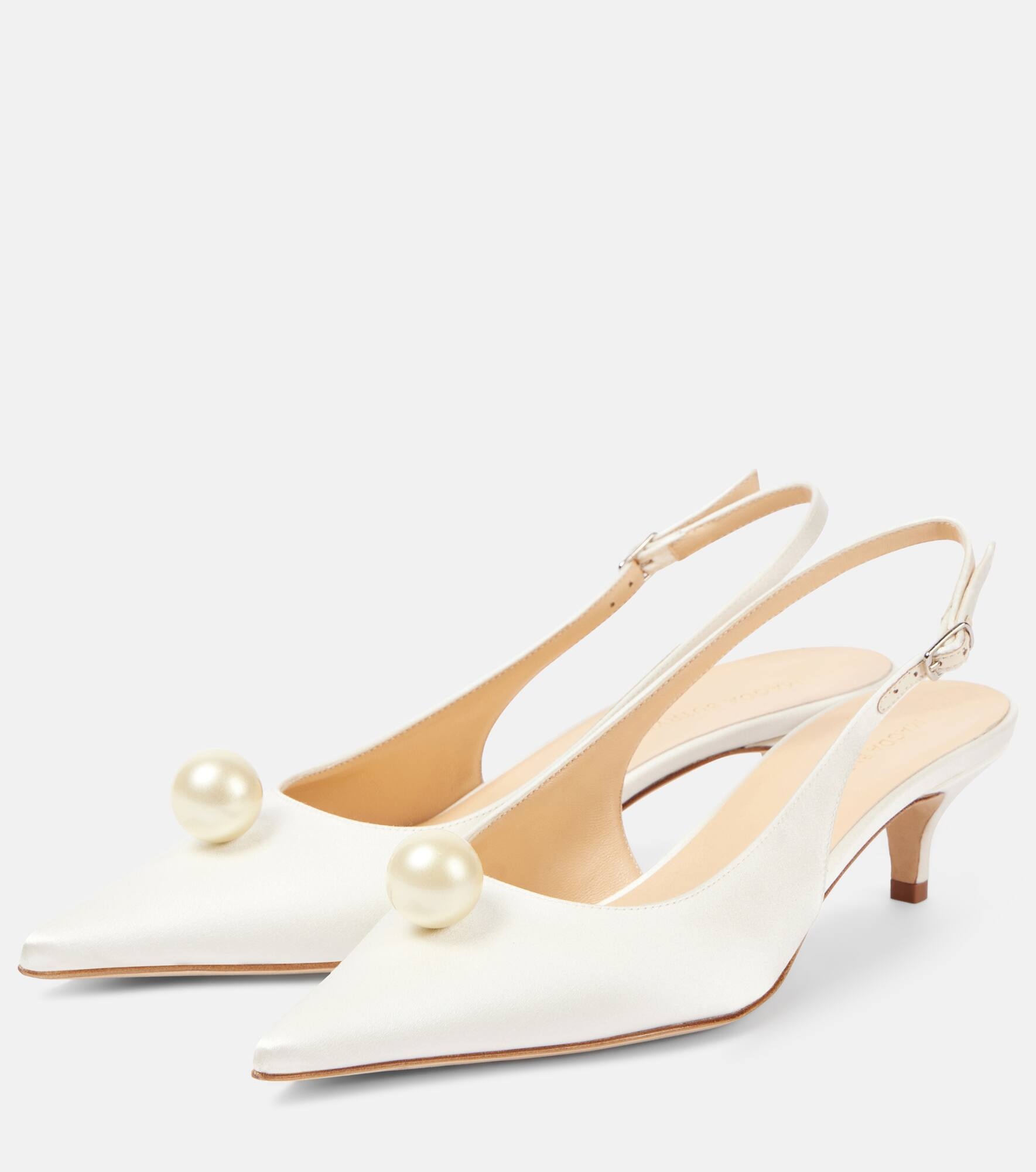 Leather-trimmed satin slingback sandals - 4