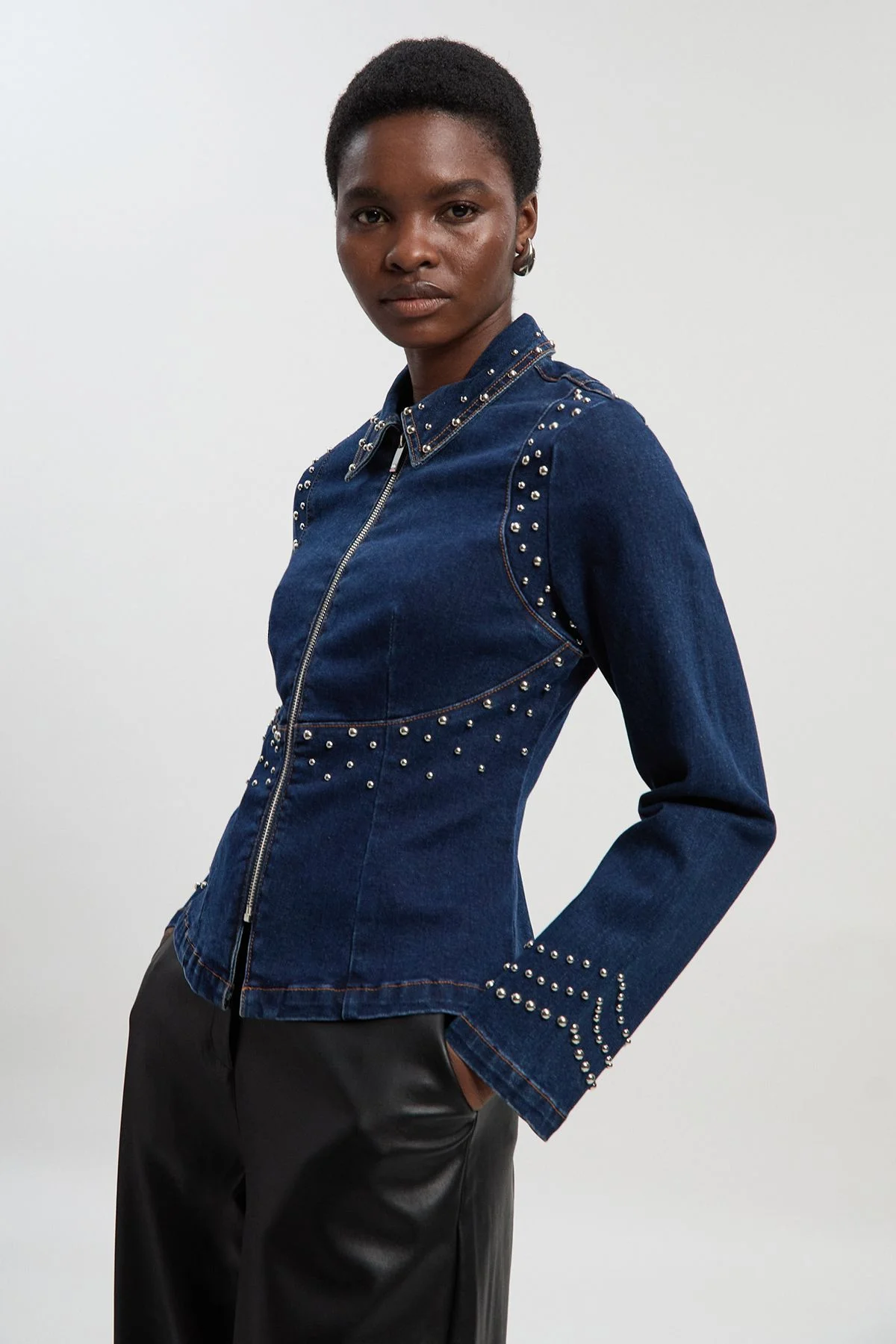 Denim Placed Stud Zip Through Collared Jacket - 1