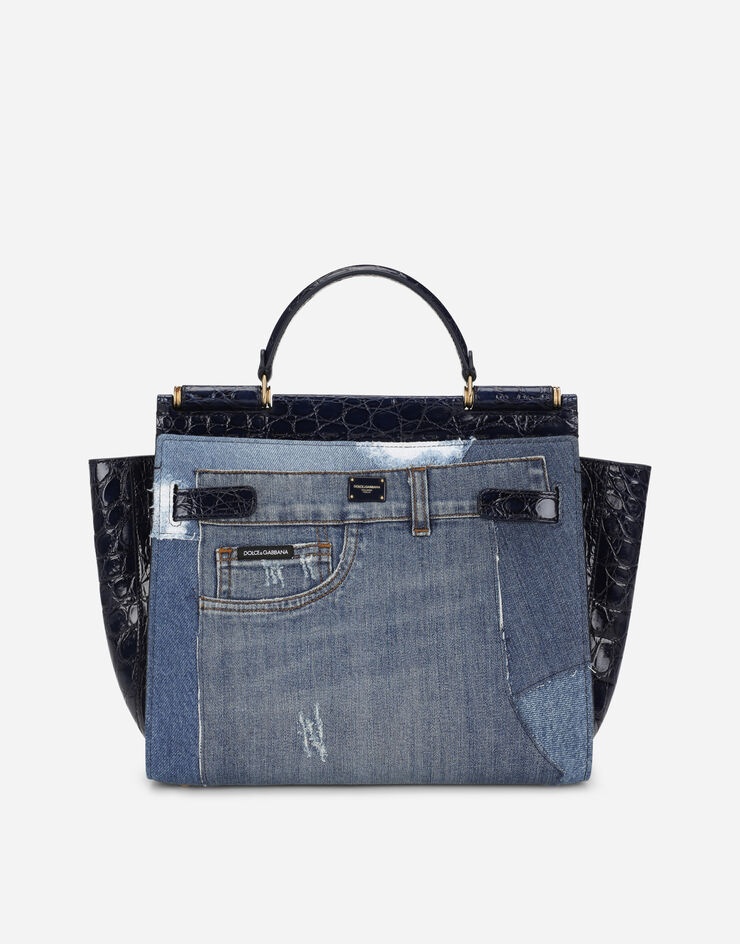 Large Sicily 62 soft bag in patchwork denim and crocodile flank leather - 1