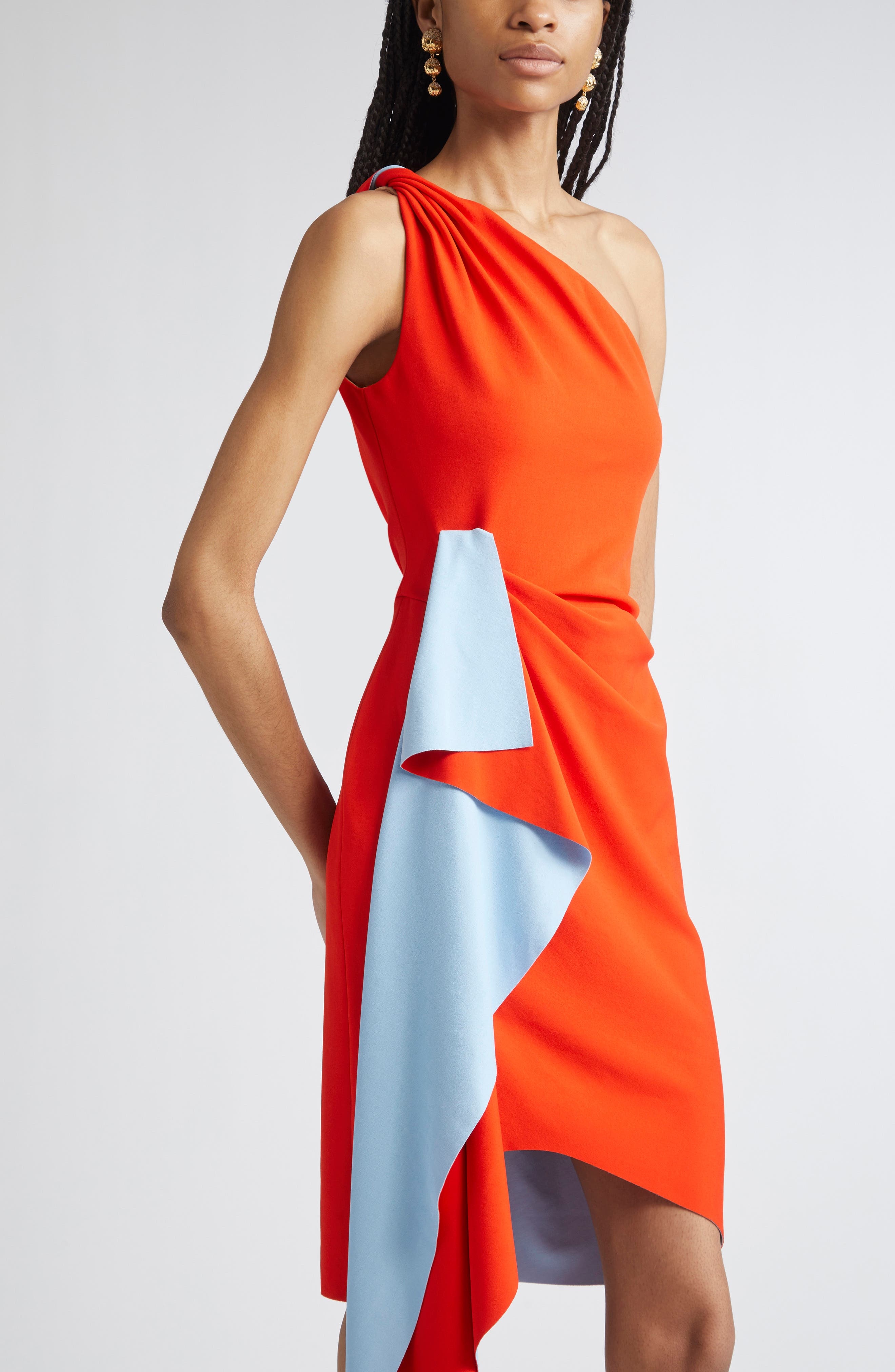 Oscar de la Renta Drape Front One Shoulder Double Face Jersey Dress in Carnelian/Blue at Nordstrom - 4