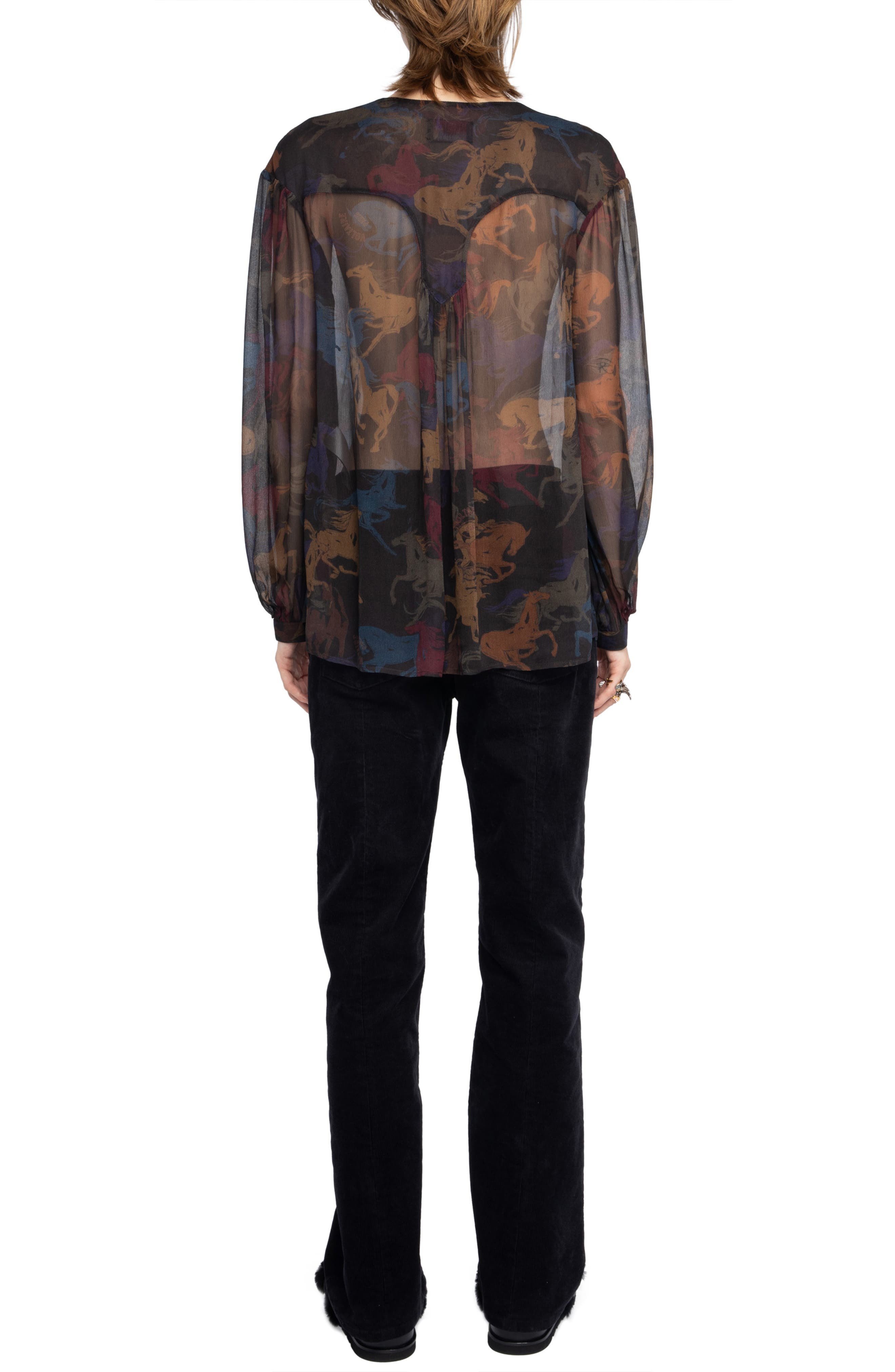 Zadig & Voltaire Tamela Horses Sheer Mousseline Top in Dark Chocolate at Nordstrom - 7