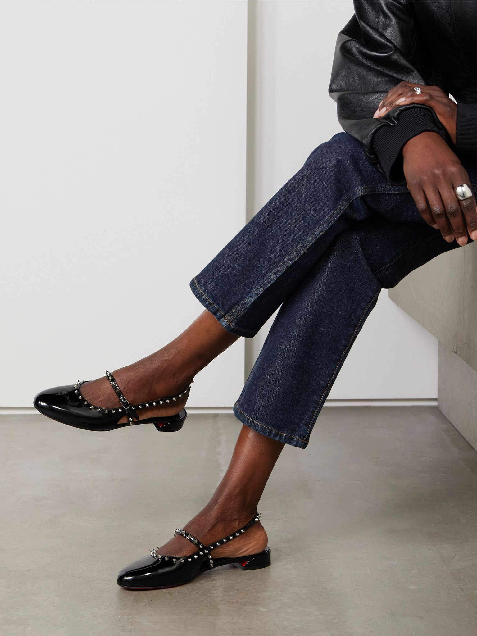 Sweet Janispikes studded patent-leather slingback flats Black - 2